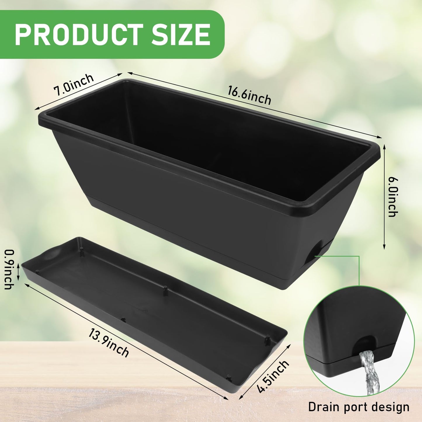 8Pcs Rectangle Plant Pot Rectangle Window Box Planter 17 Inch Black Herb Planters with Tray Herb Pots for Indoor Plants Large Flower Boxes for Bay Window,Kitchen Windowsill,Shelf,Coffee Table