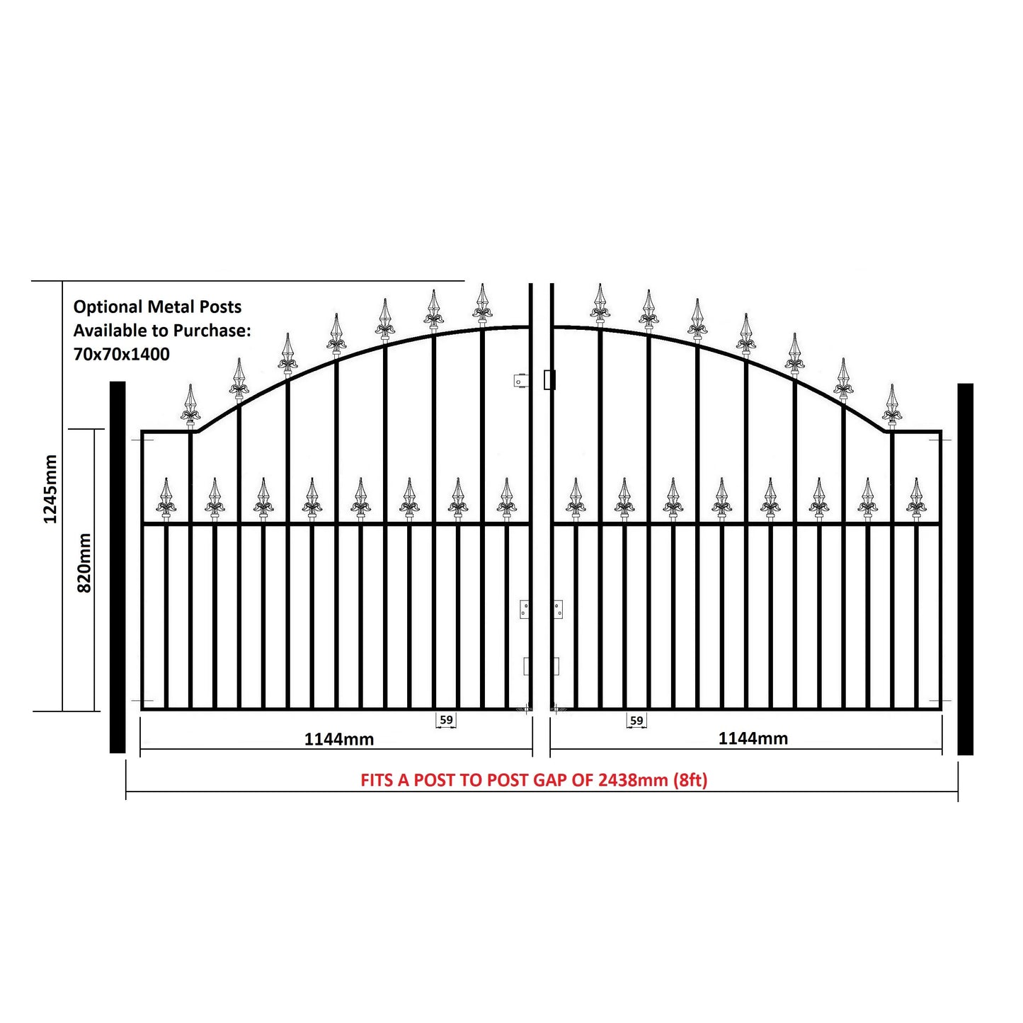 Saxon Arched Spear Top Metal Driveway Gates 1245mm High galvanised Wrought Iron Dual Swing gate (2438mm (8ft) Gap x 1245mm High SAZP13)