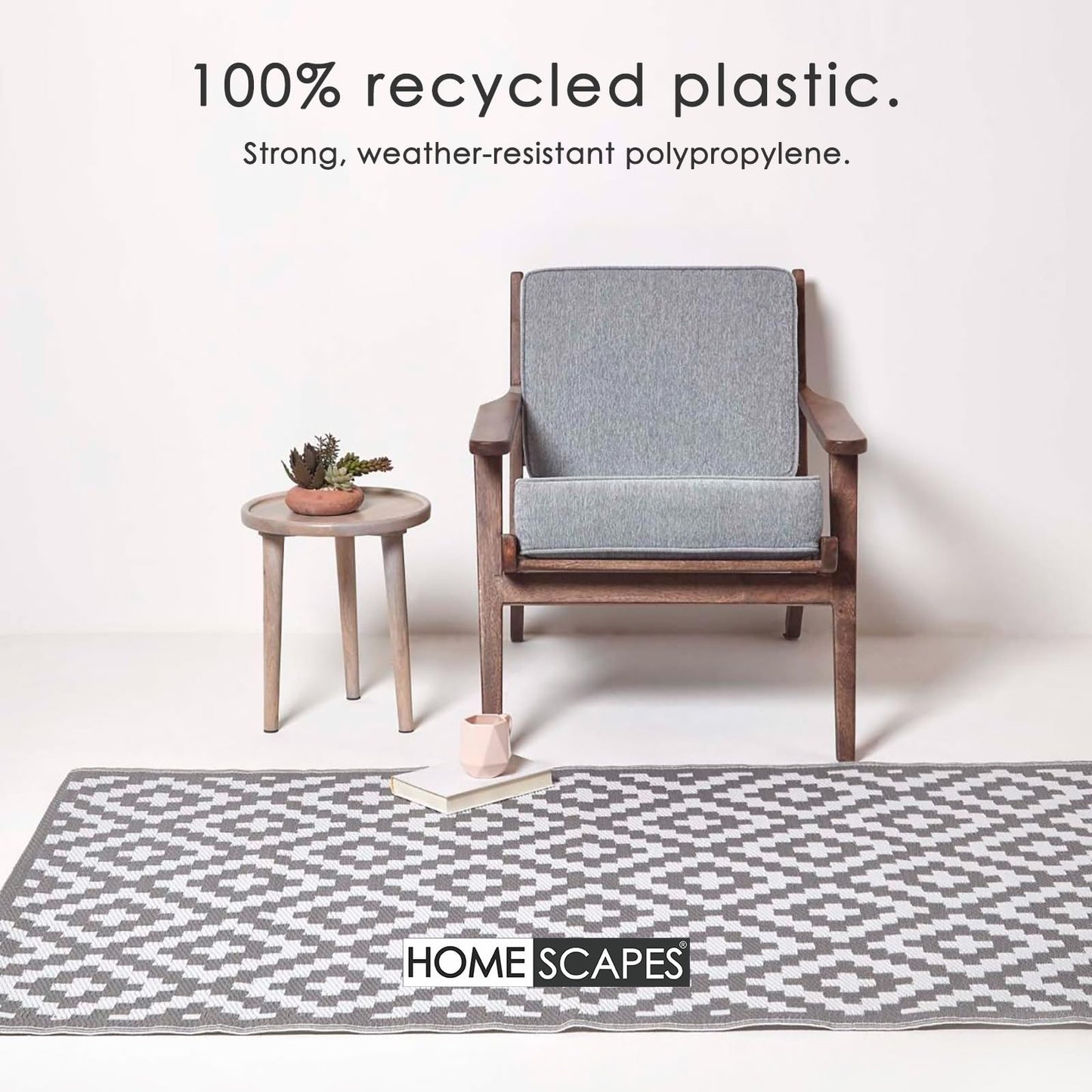 HOMESCAPES Luxury Large Outdoor Rugs for Garden Patio Waterproof 100% Recycled Plastic Mat Carpet 120 x 180cm Reversible White & Grey Geometric Rug “Zoe, Indoor/Outside & Portable, Seamless