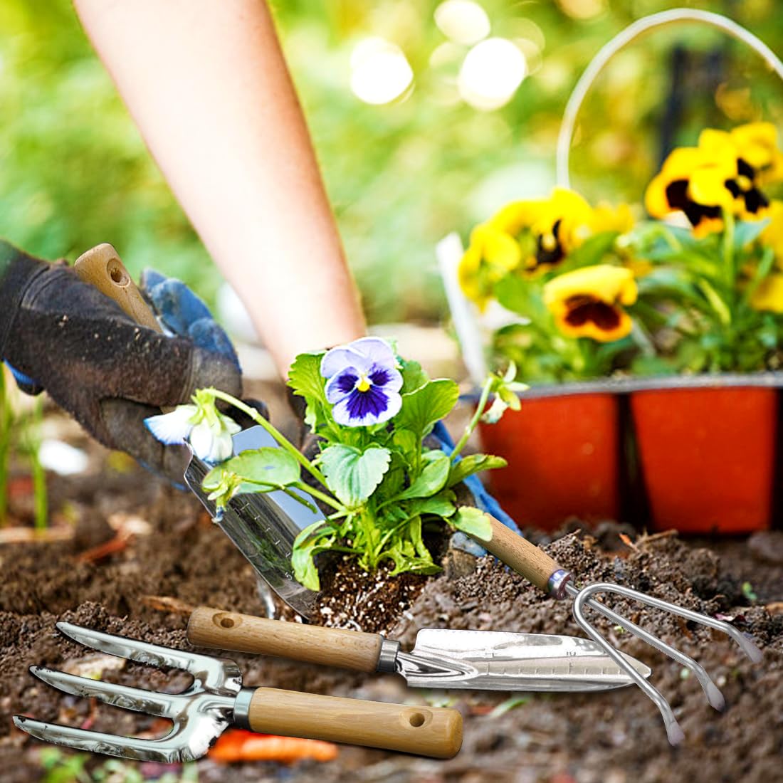 Garden Tool Set with Wood Handle, Aluminum Graduated Shovel, Garden Rake, Hand Fork, Transplant Shovel with Scale, 4Pcs Heavy Duty Hand Tools Set for Garden Planting