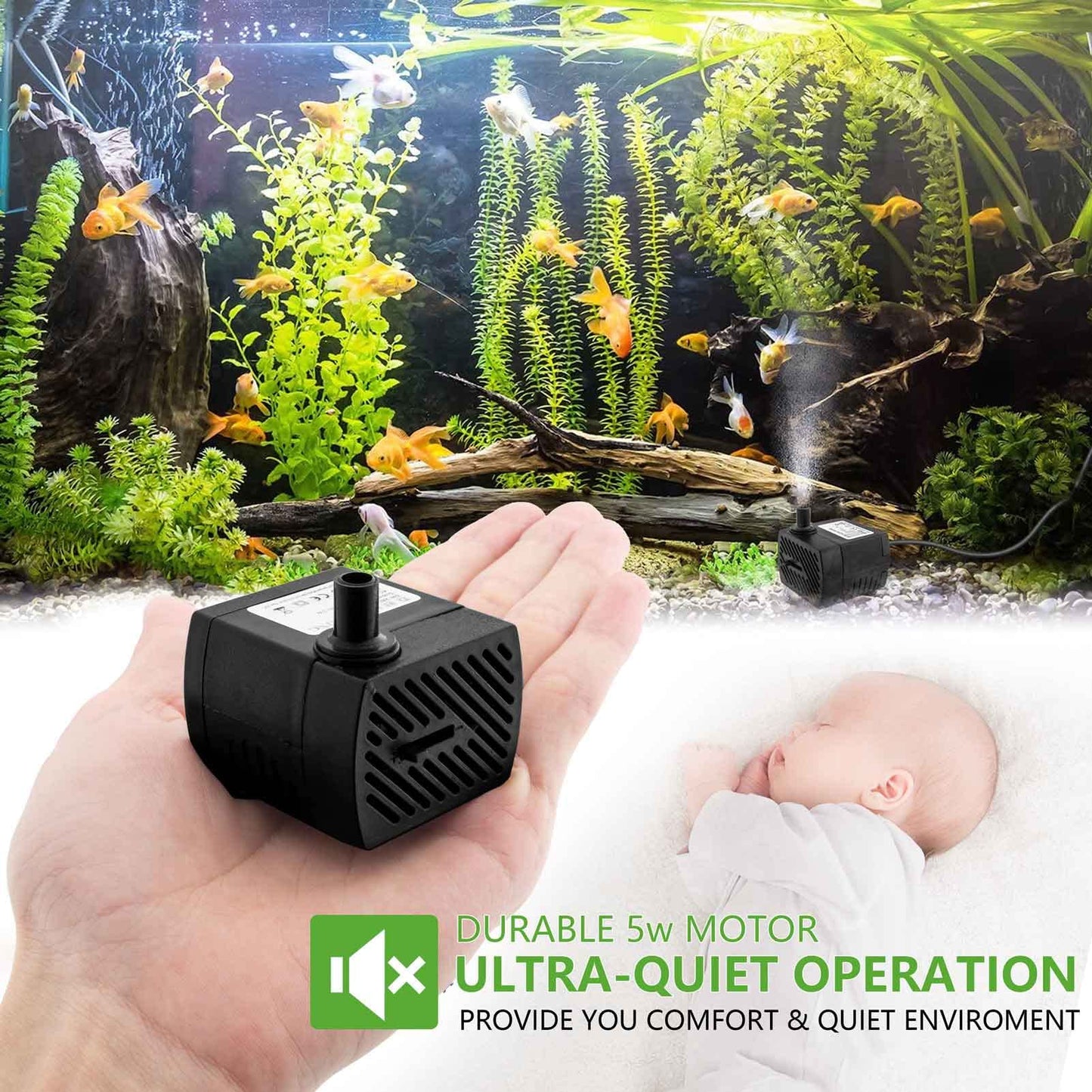 Mini Submersible Water Pump (350L/H, 5W) Adjustable Ultra Quiet Fountain Water Pump for Aquarium, Fish Tank, Pond, Statuary, Hydroponics, Indoor or Outdoor Fountain with 1.5M Power Cord and 2 Nozzles