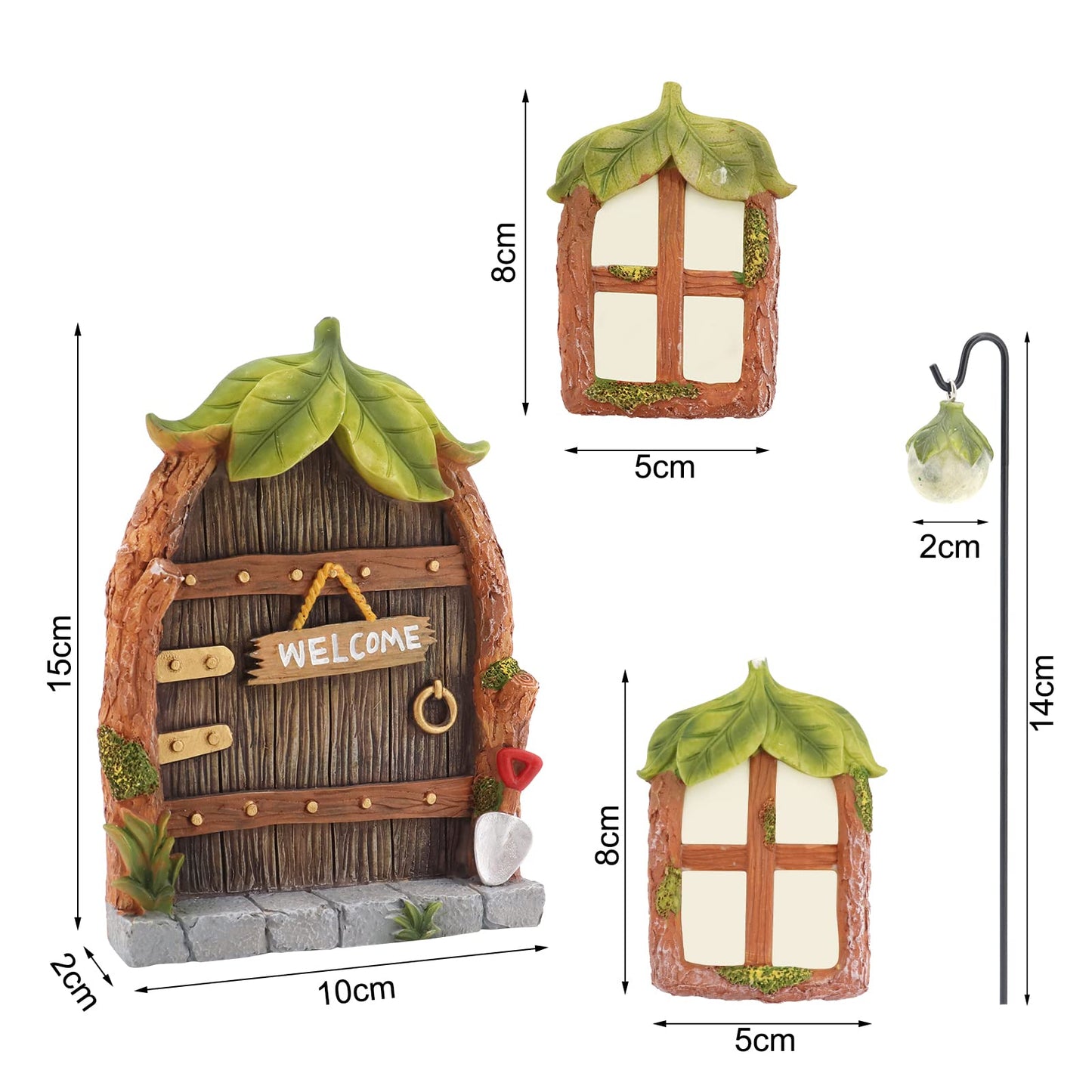 Bemodst Fairy Door, Miniature Garden Ornament with 2 Glowing Windows, Garden Sculpture Tree Decoration, Outdoor Patio Art Tree Decoration Garden