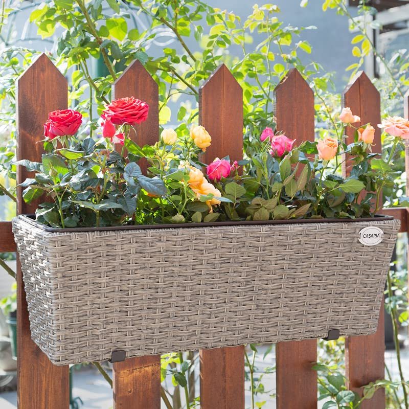CASARIA® Set of 2 Flower Boxes | Weatherproof Rattan | Hangable with Mounting Brackets | Floating Planters Balcony | Windowsill | Railing | Gate | Fence | 60x20x19cm | 11 L | Cream