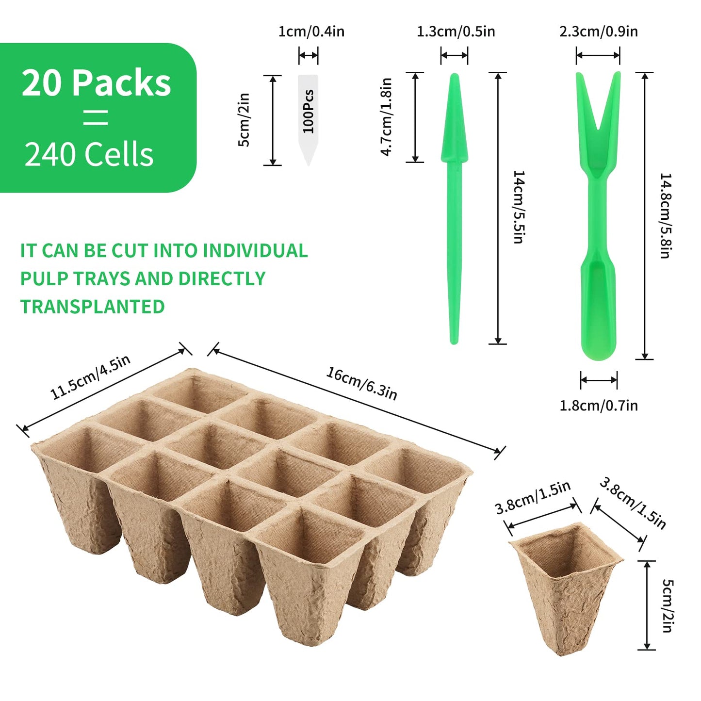 KINGLAKE 20 Pack 240 Cells Seed Trays Seedling Pots Biodegradable Plant Pots Fibre Seed Pots, Plant Germination Module Trays Kits with 100 Plant Labels, Transplanting Widger and Dibber