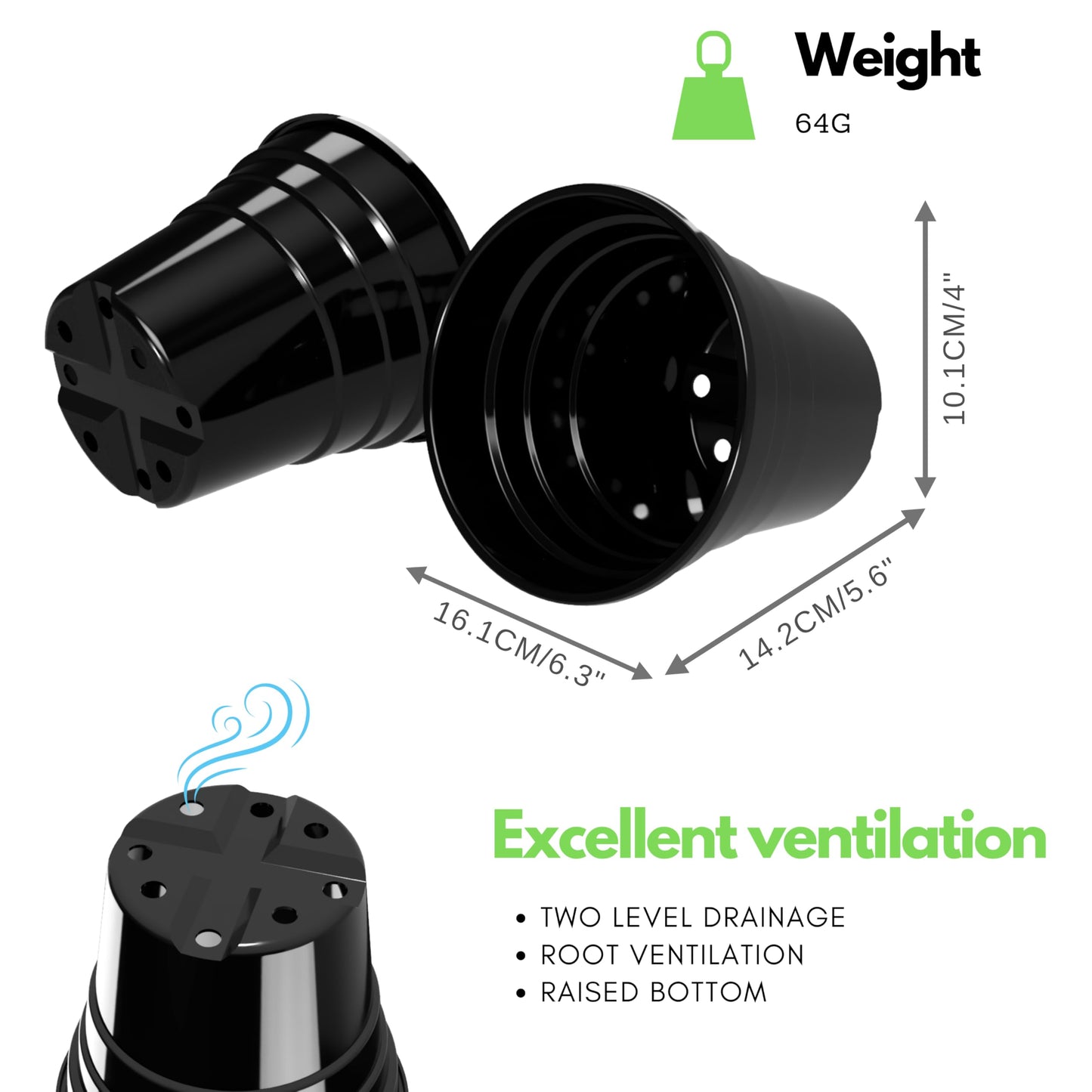 Happy Pots - 15cm Gloss Black - Pack of 10 Premium Plastic Plant Pots - Reusable Flower Pots for Indoor/Outdoor Home Décor Gardening - Round, Heavy Duty, UV Resistant, Recyclable - Made in UK