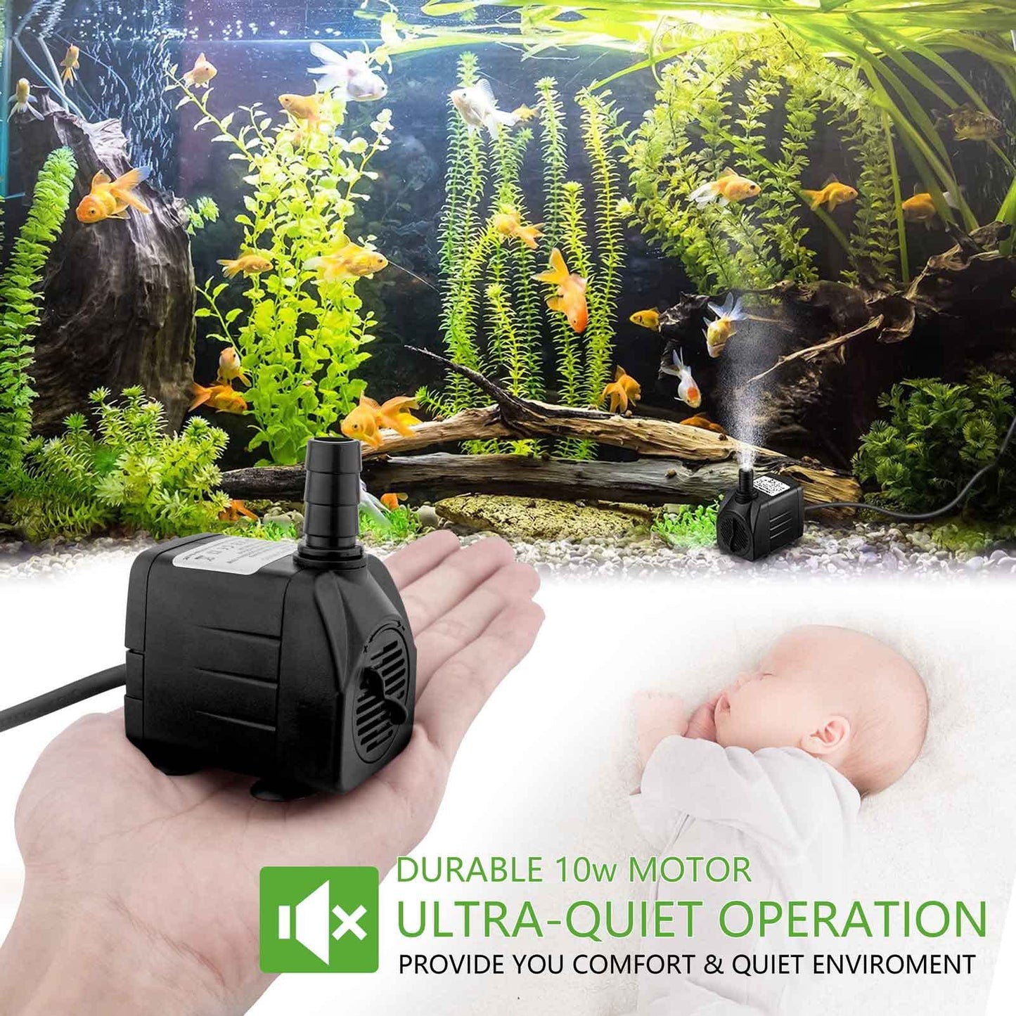 Mini Submersible Water Pump (600L/H, 10W) Adjustable Ultra Quiet Fountain Water Pump for Aquarium, Fish Tank, Pond, Statuary, Hydroponics, Indoor or Outdoor Fountain with 1.5M Power Cord and 2 Nozzles