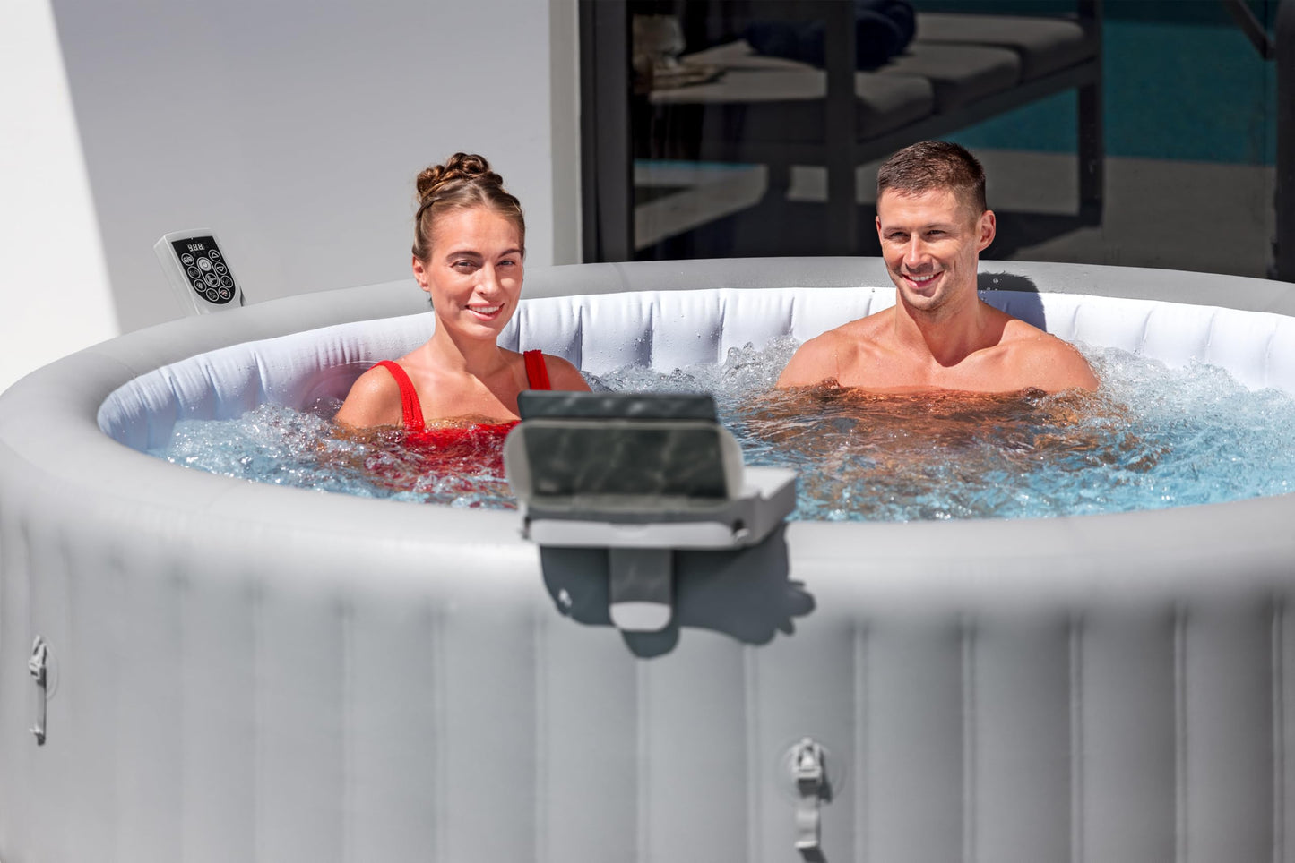 Bestway Lay-Z-Spa 4-in-1 Accessory Table for Hot Tubs, Side Tray for Tablet, Phone, Drinks and Snacks, Adjustable Universal Fit with Cup Holders, Grey