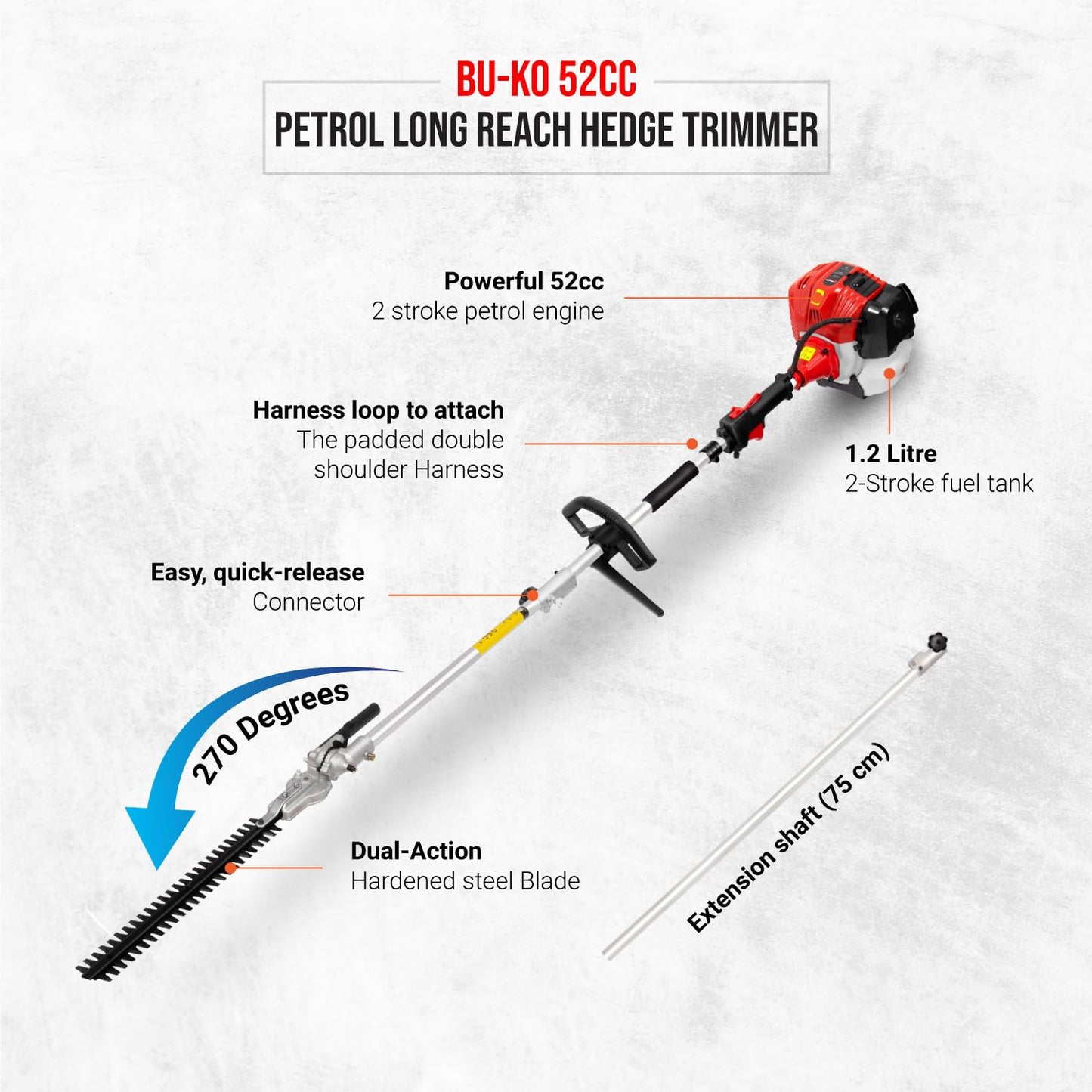 BU-KO 52cc Long Reach Petrol Hedge Trimmer and 75cm Extension Pole, Precision Trimming for Tall Hedges & Bushes, Easy to Use, High Performance, Durable Steel Blade