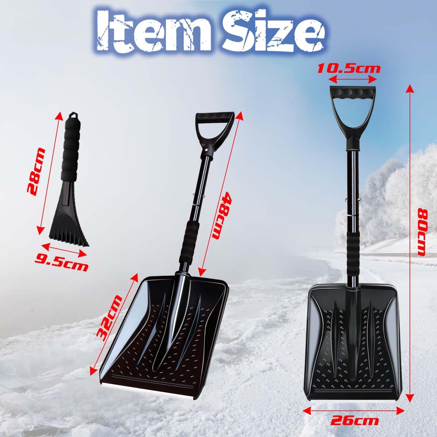 Hmfmdy Snow Shovel for Car Driveway Home Garage, Survival Shovel, Wide Ice Scraper, Lightweight Portable Detachable Snow Removal Tool for Garden Camping Outdoor Emergency Snowman Playing - Black
