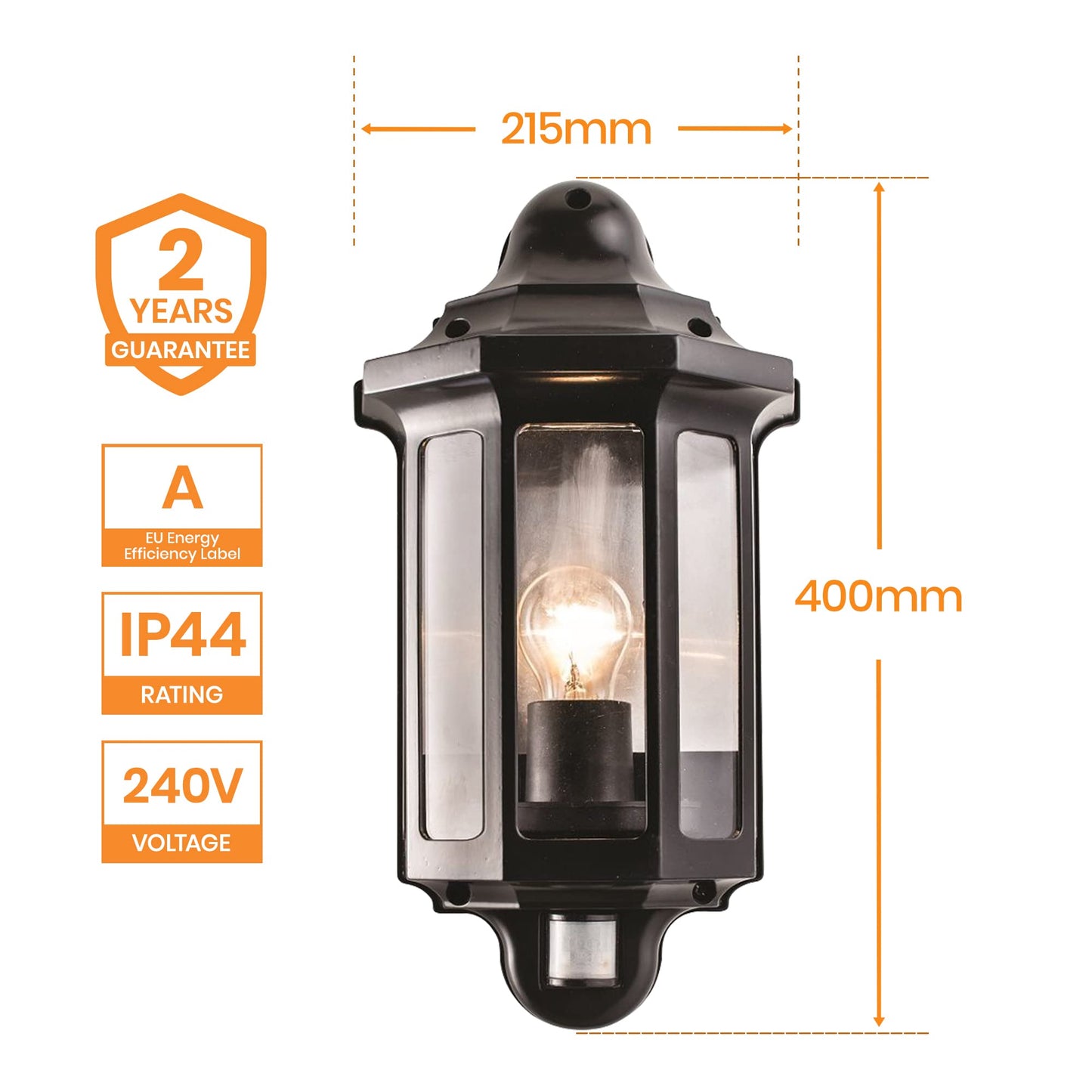 National Lighting Black Outdoor Security Lights - PIR External Wall Light - Motion Sensor Presence Detector Half Lantern Garden Porch Wall Lamp - IP44 Rated 60W GLS ES or LED E27 (Not Included)