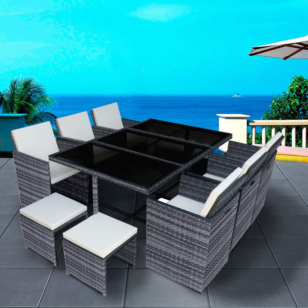 Panana Rattan Garden Furniture Set 10 Seater Dining Table and Padded Chairs Stool Outdoor Patio and Conservatory Mixed Grey