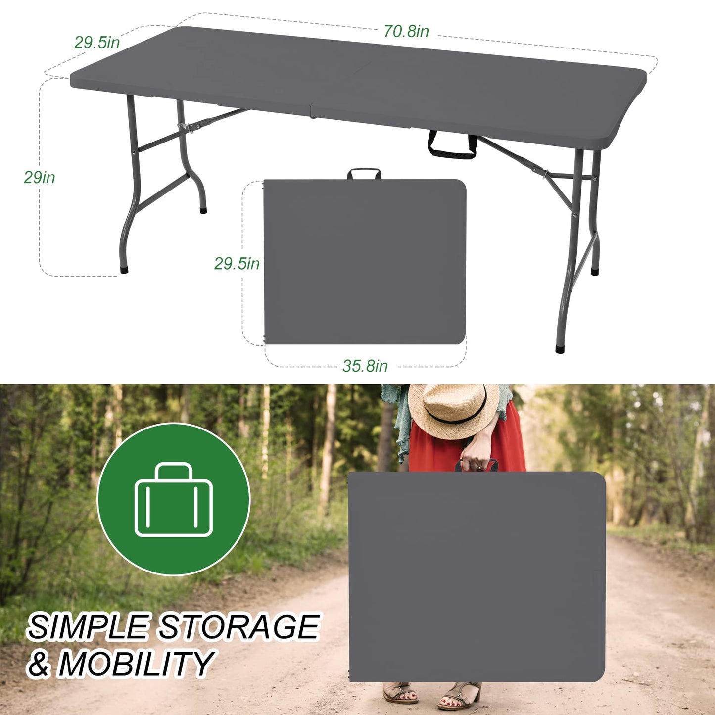 Rainberg 6ft Heavy Duty Folding Table, Tabletop & Sturdy Metal Frame, Foldable Table with Handle, Waterproof, Portable, & Easy Assembly, Ideal for Parties, BBQ, Camping, Beach, Indoor & Outdoor Use
