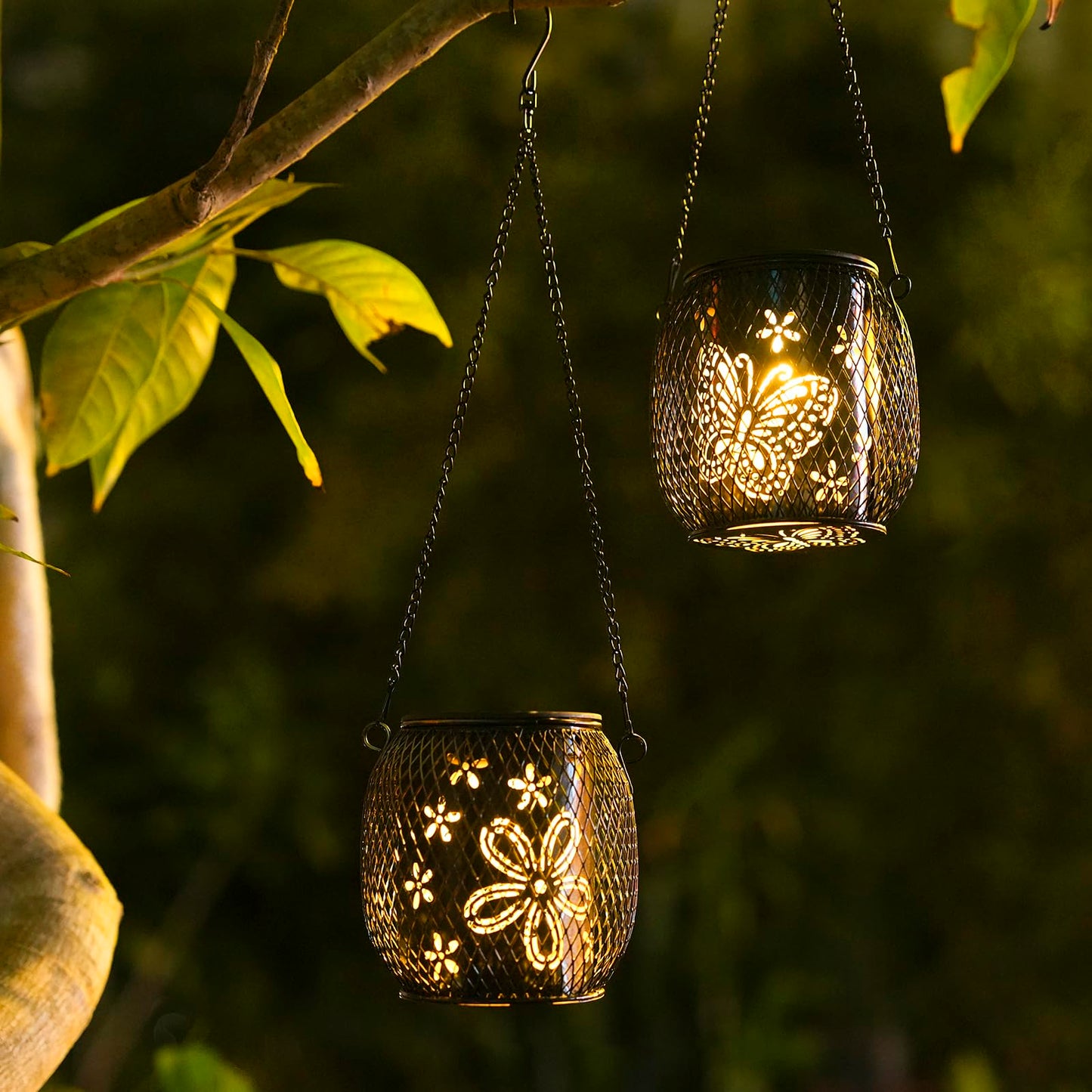 Neoglint Butterfly Solar Lanterns Light, 2 Pcs Outdoor Hanging Garden Lights Metal Lamp IP65 Waterproof Garden Ornaments Lantern Lights for Patio Yard Garden Lawn
