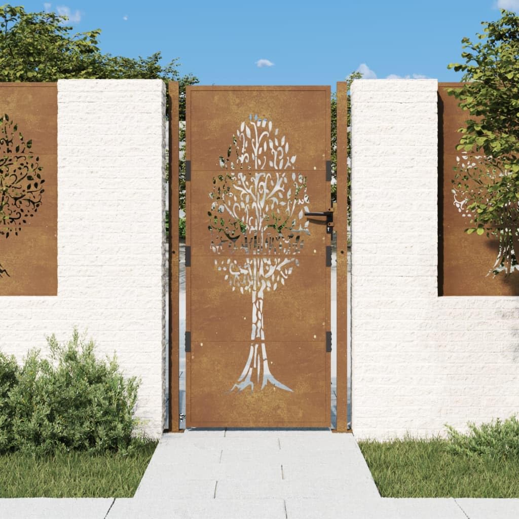 vidaXL Garden Gate with Laser-Cut Tree Design - 105x180 cm Rustic Brown, Corten Steel Construction, Lockable Door for Secure Entry, Heavy-Duty and Weather-Resistant