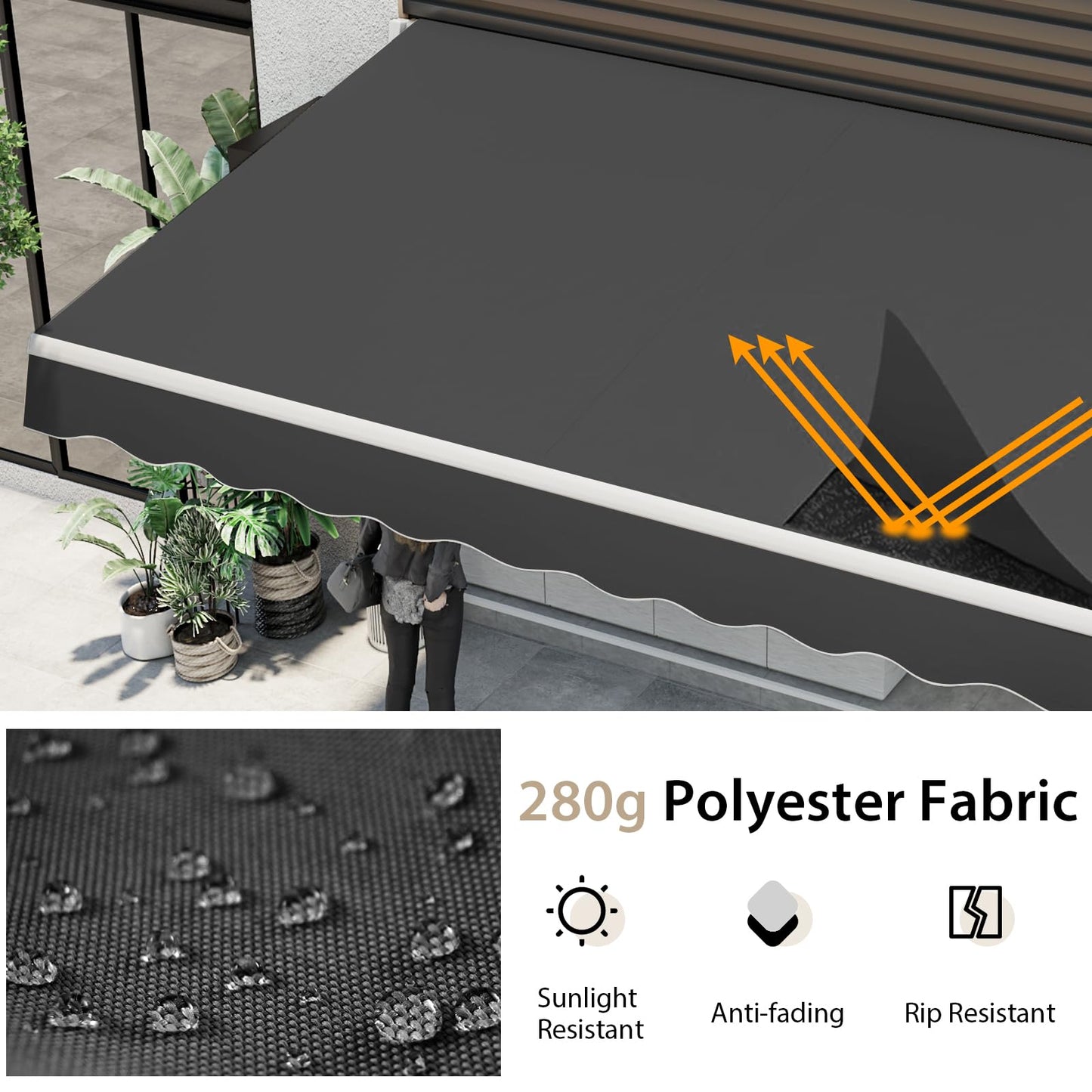 COSTWAY 3 x 2.5m/3 x 3.6m Retractable Manual Awning, Anti-UV and Waterproof Garden Patio Canopy with Hand Crank, Aluminum Sun Shade Shelter for Balcony Yard(3m x 3.6m, Grey)