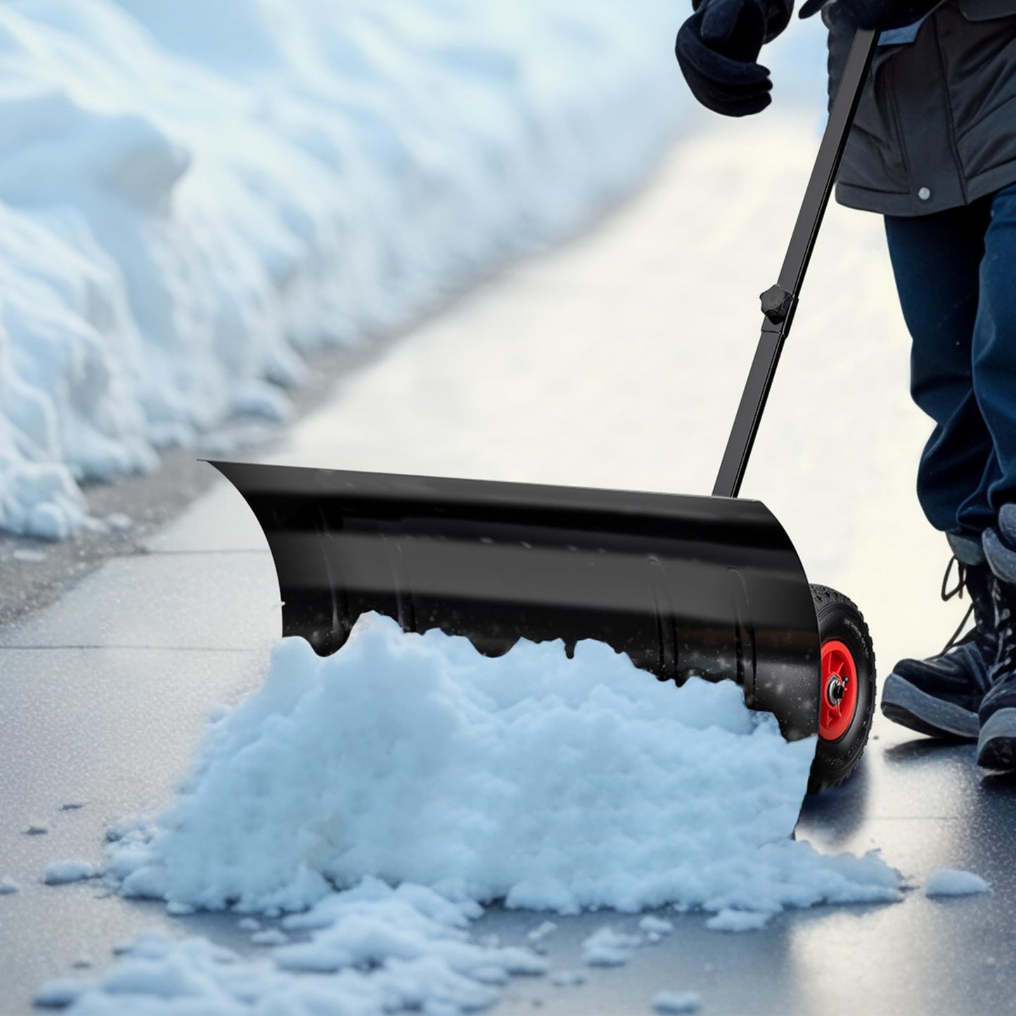 Wiltec Manual Snow Shovel with Wheels for Easy Snow Shovelling, Sturdy Snow Blade, Adjustable Handle, Rubber Tyres, Ideal Tool for Clearing Driveways and Large Areas with Minimal Effort, Snow Pusher