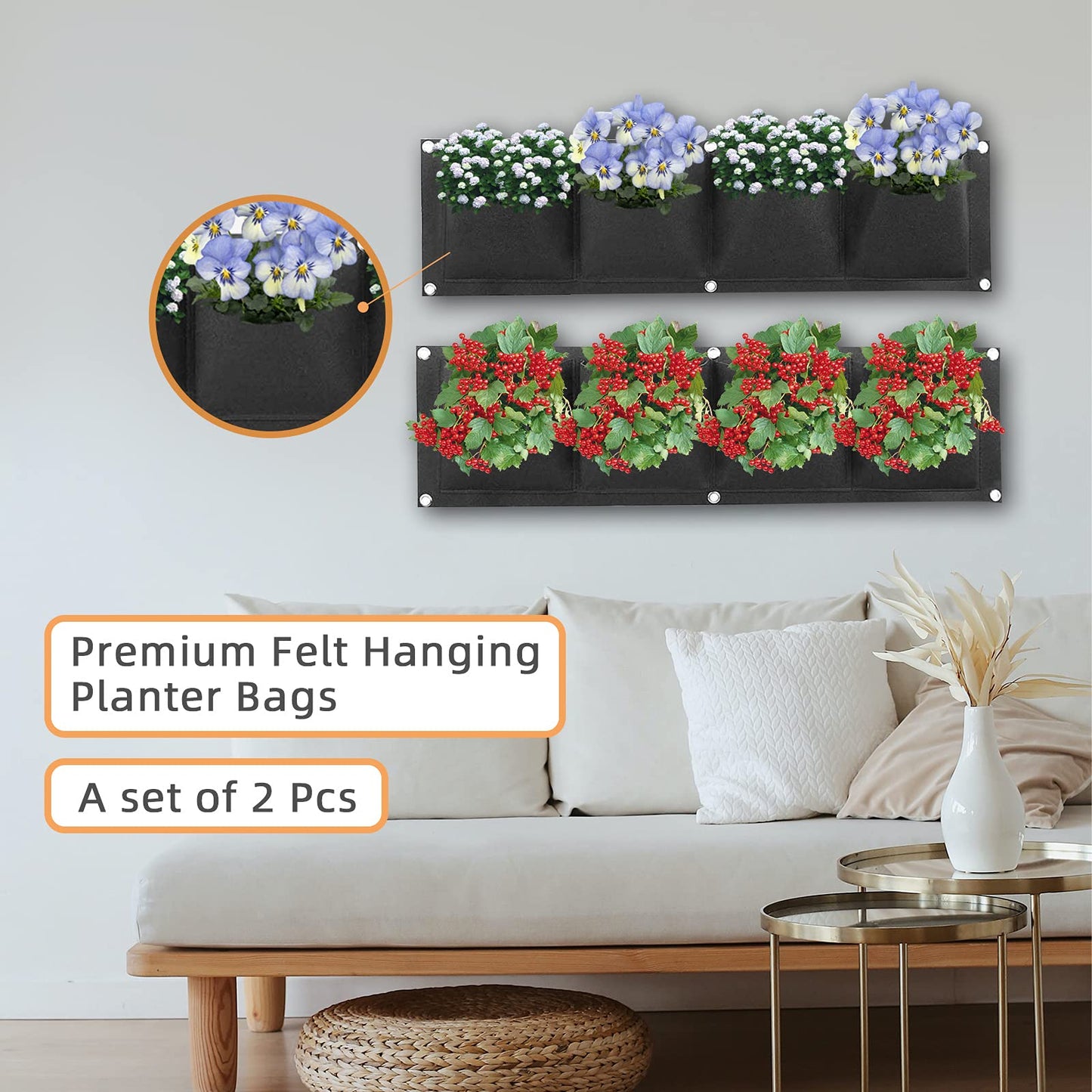 Ohiyoo Hanging Planter 2 Pack 4 Pocket Hanging Vertical Wall Planter Planting Grow Bags Gardening Vertical Greening Flower Container Storage Bags Planting Bag (Black)