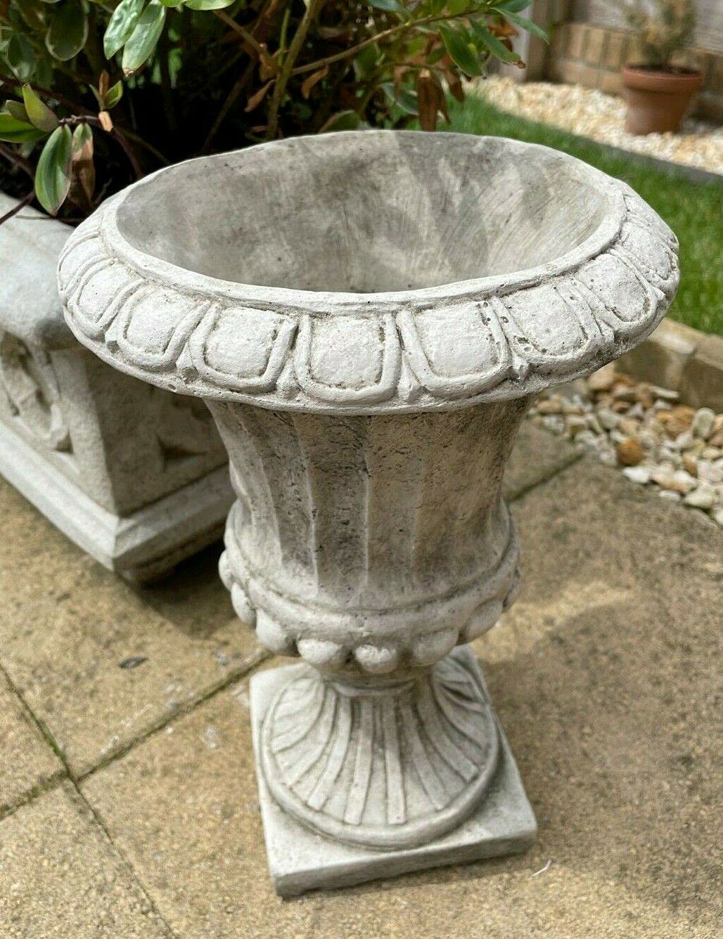 Fluted Stone Urn | Garden Statue Outdoor Ancient Classical Planter Trough Vase Ornament