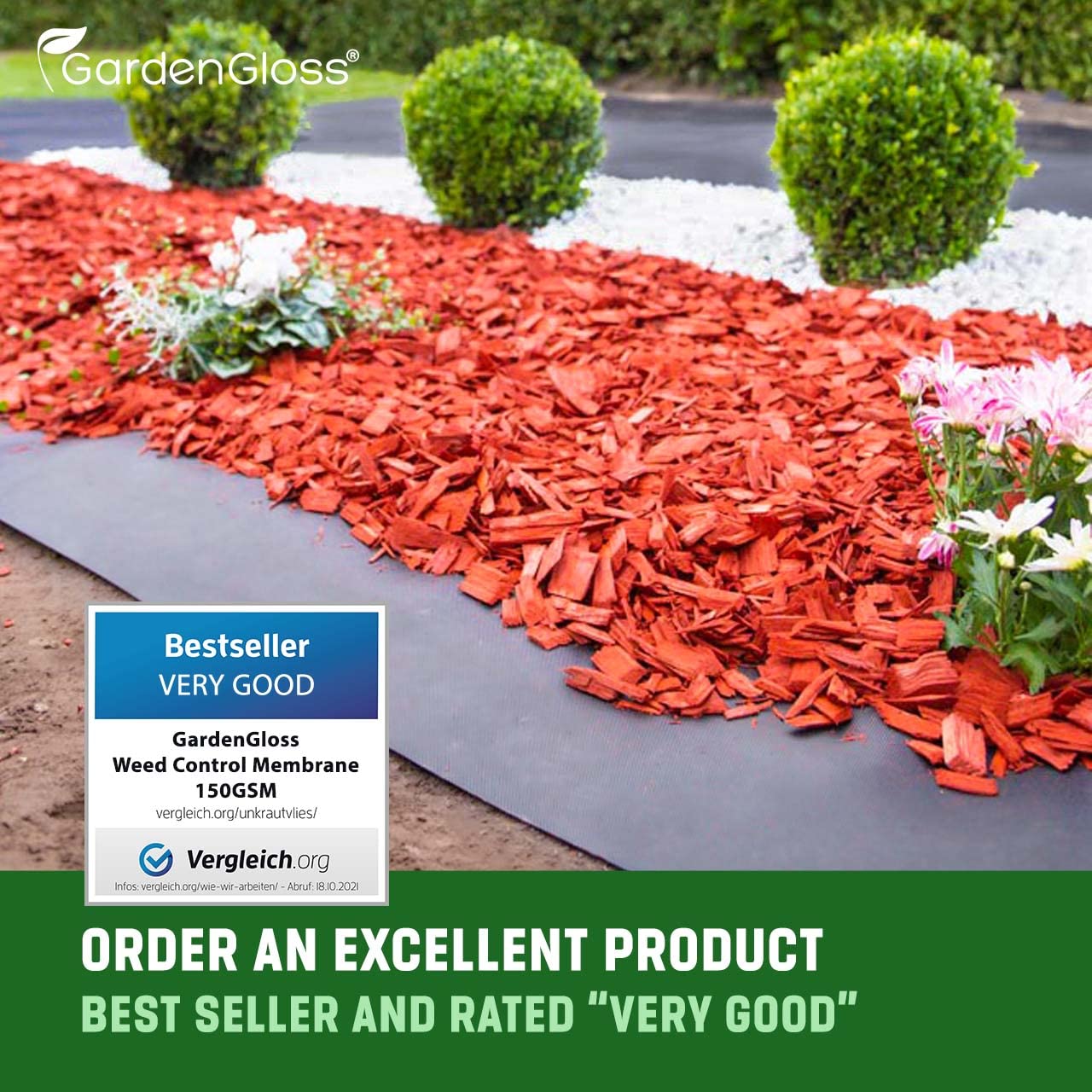 GardenGloss 50m2 Weed Control Membrane Heavy Duty (150gsm) - Water Permeable and Tearproof Weed Barrier Fabric - Weed Control Fabric with High UV-Stabilisation (50m x 1m, Roll)