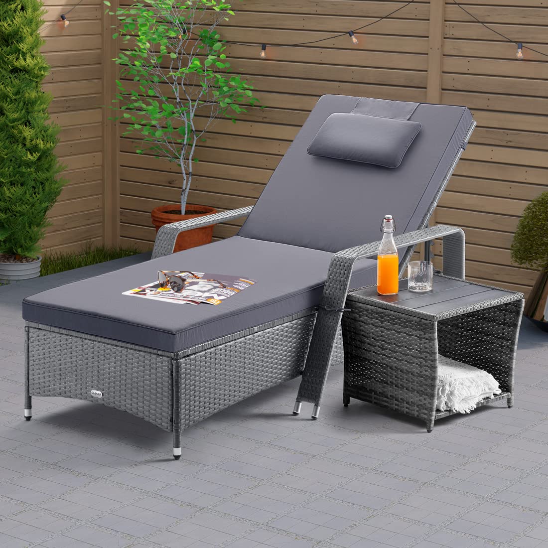 CASARIA® Polyrattan Garden Side Table WPC Table Top | 45x45x40cm 80kg Load Capacity | Weatherproof Outdoor Patio Deck Balcony Furniture Coffee Table | Adjustable Levelling Feet | Grey