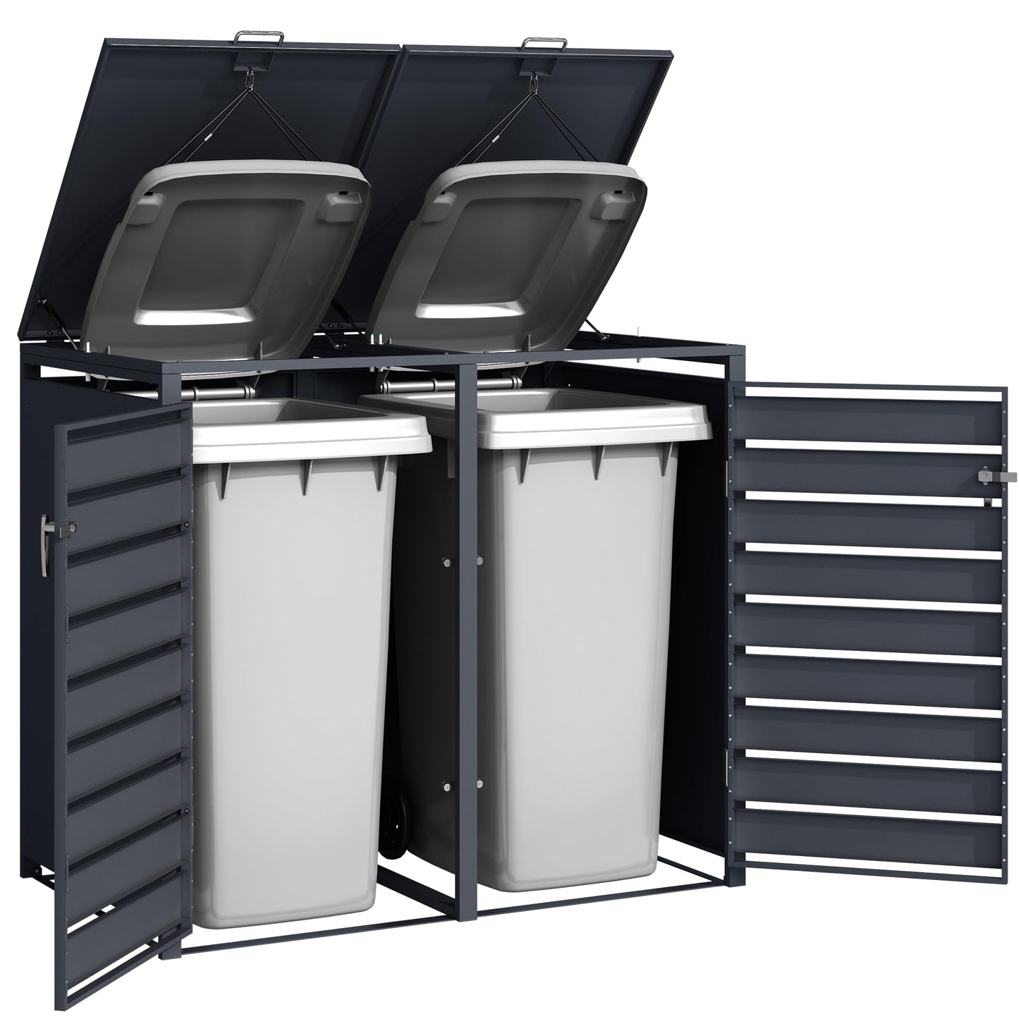 DWD Garden Double Wheelie Bin Hideaway 120L,240L Waste Bin,Storage Shed w/Locking Doors Assisted lift up Lid easy use Outdoor Hygienic Dustbin Cover Powdercoated Steel Matt Grey/Grey Slatted Doors