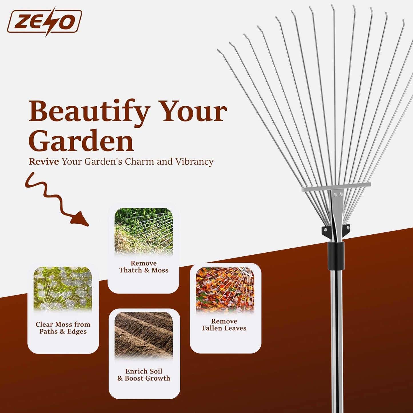 ZENO Garden Rake 25 Tines | Rake for Gardening | 31-67 Inch Adjustable Rakes for Lawns, Artificial Grass & Moss | Heavy Duty Metal Tines & Comfortable Handle | Collapsible Garden Rakes | Silver