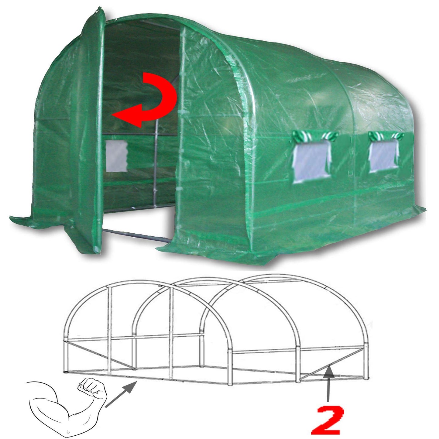 3m x 2m Polytunnel "Strongest In It's Class" a fully Galvanised Structure with more Diagonal & Roof Bracing than all others. Metal Hinged Door | Multi Window