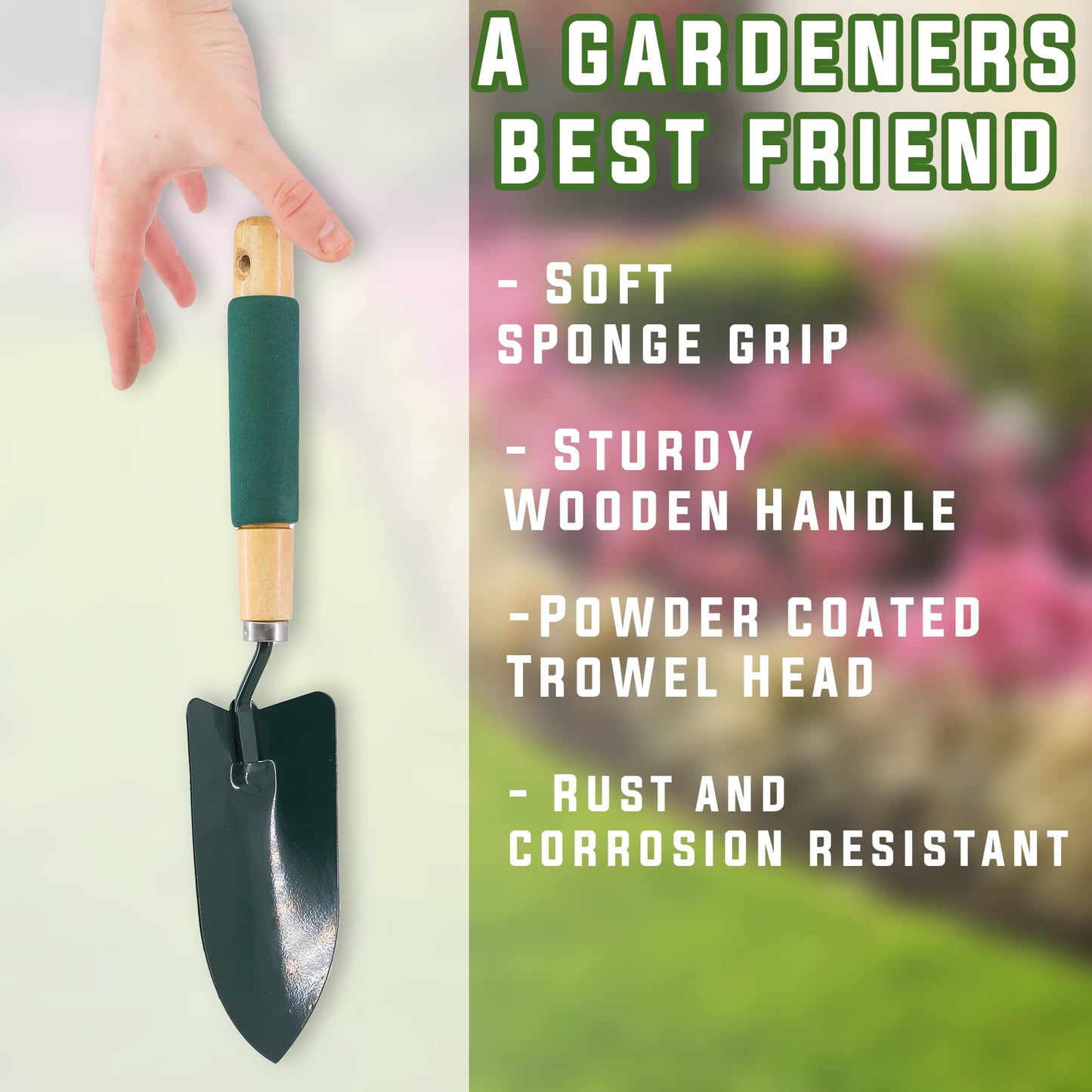 Garden Hand Trowel with Wooden Ergonomic Non-Slip Grip Handle 26.5cm x 7cm x 3cm, Ideal for Adults and All Gardening Jobs (Metal Garden Hand Trowel)