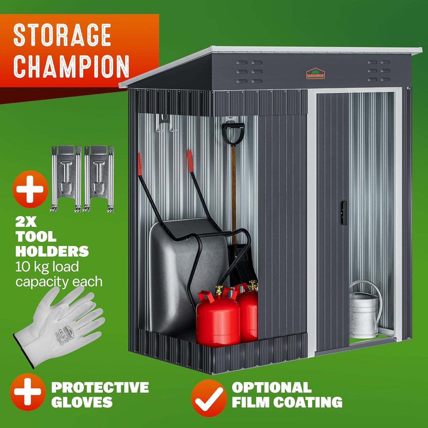 GARDEBRUK® Medium 5x3' Metal Tool Shed Garden Storage | 1.5m² | Pent Roof | 185x165x90cm | Sliding Door | Galvanised Steel Garden Equipment Utility Log Coal Bunker Storage | Anthracite Grey