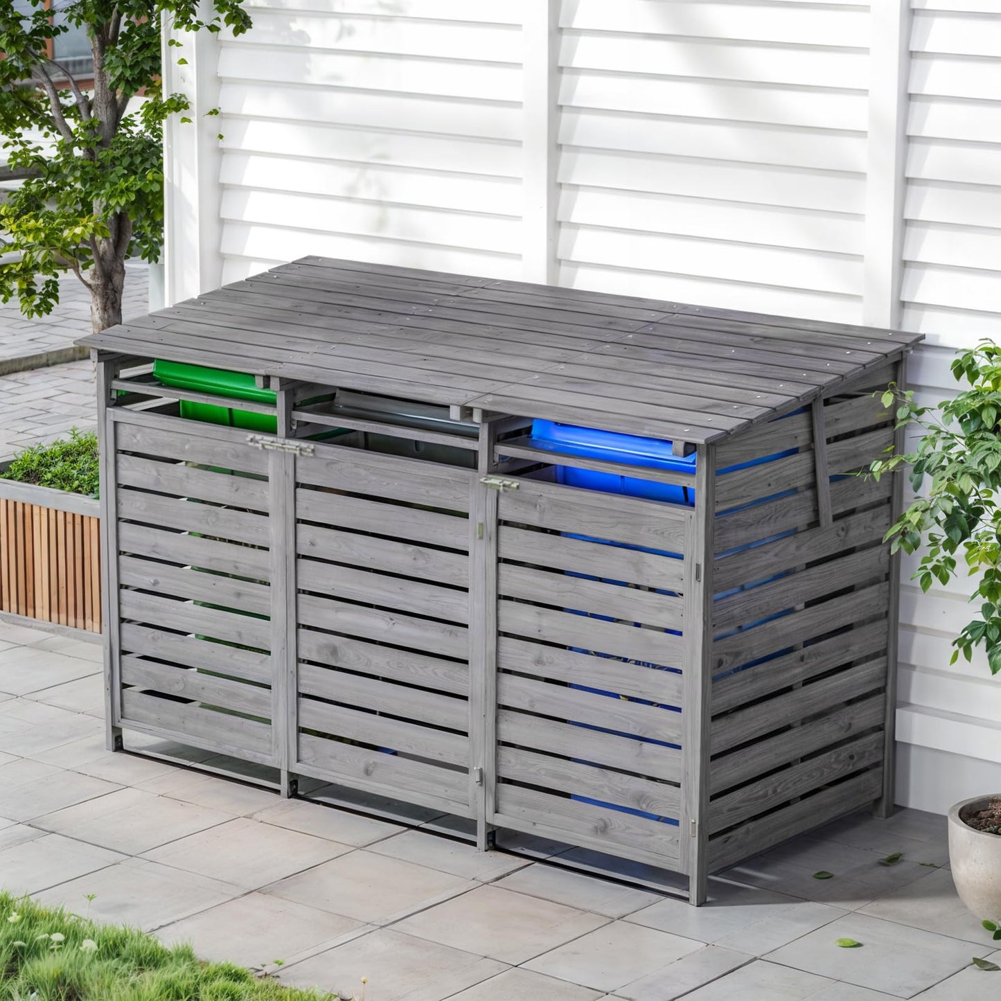 Warmiehomy Wheelie Bin Storage 3 Wheelie Bin Hideaways Outdoor Bin Shed 3 Bins Wooden Wheelie Bin Storage Garden Large Bin Store 191cm x 86cm x 122cm