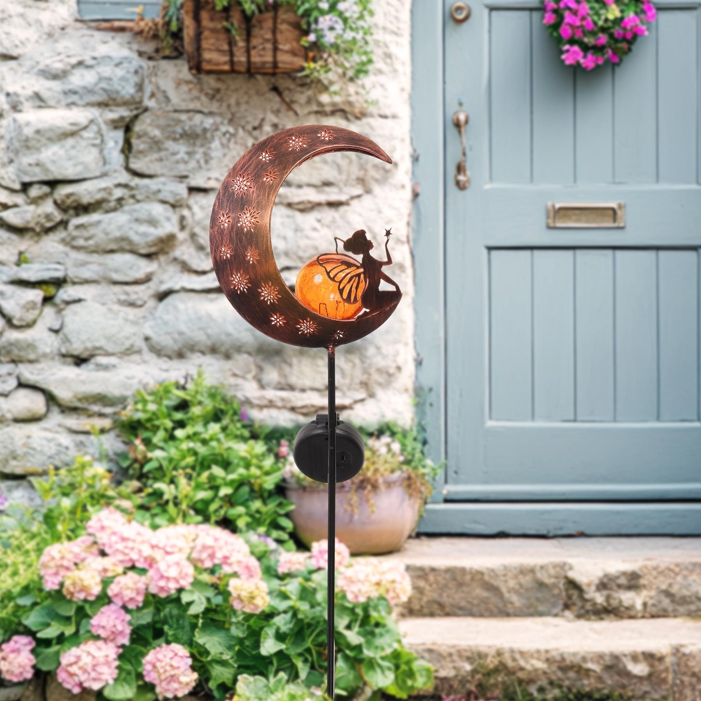 TERESA'S COLLECTIONS Large Garden Ornaments Outdoor, Gifts for Women, Metal Fairy Sitting on Moon Solar Lights Outdoor Garden, Solar Stake Lights with Crackle Glass Ball for Lawn, Path, 40inch