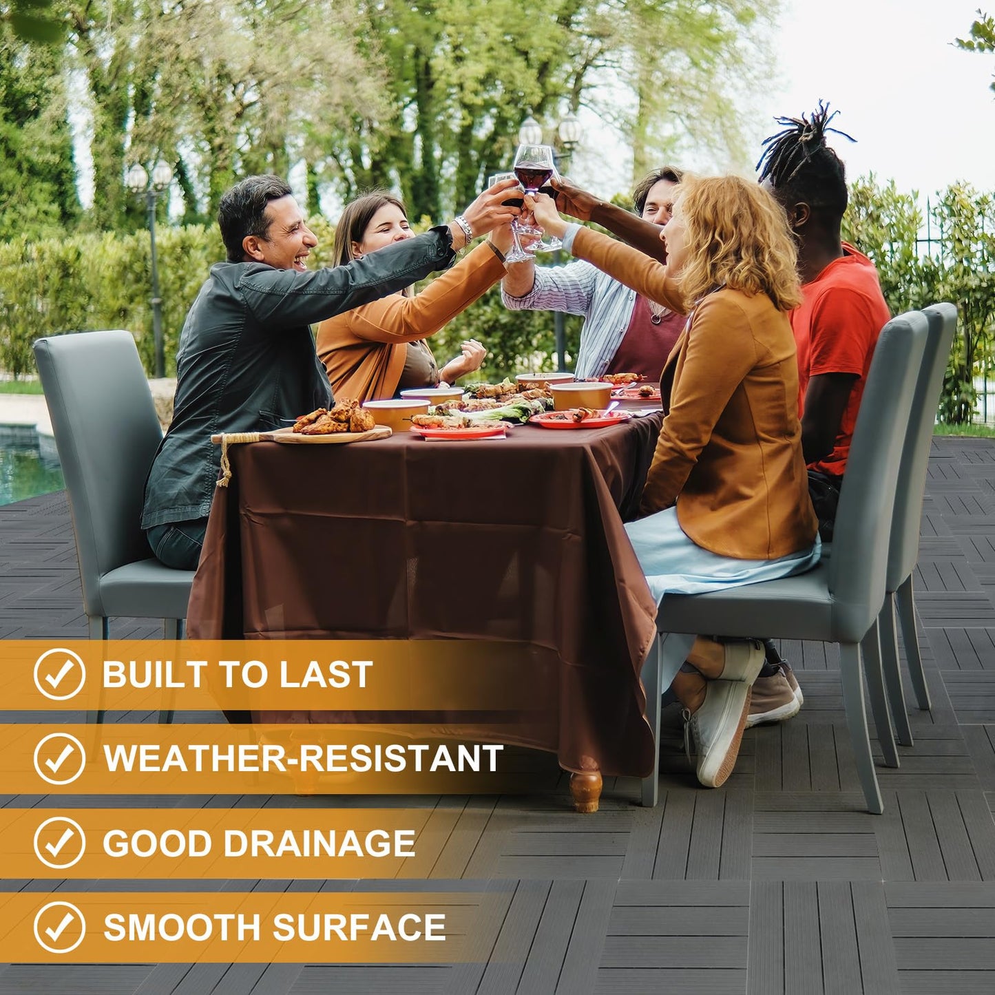 Bonnlo Composite Garden Decking Tiles, 27 Pcs Plastic Outdoor Flooring, 30x30cm Patio Paving Slabs Decking Squares Indoor & Outdoor Grey (Dark Grey)