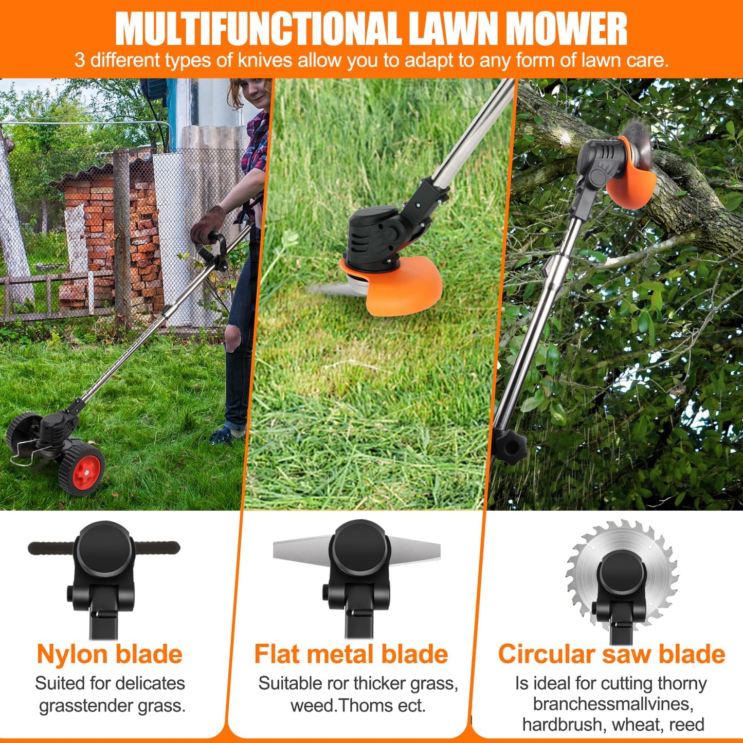 ZJS Cordless Strimmer 21v Garden Strimmer with 2 4.0Ah Batteries Grass Trimmers with 25 Blades Electric Strimmer Detachable Battery Strimmer Height Adjustable Suitable for Garden Lawn Trimming
