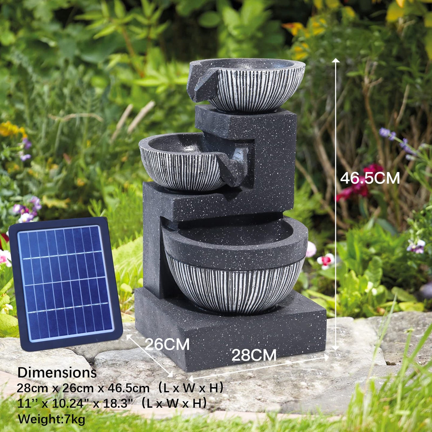 Garden Water Feature Decorate Cascading Tiered Water Fountain Pump Waterfall with LED Lights Indoor/Outdoor, Solar Powered, 3 Bowls