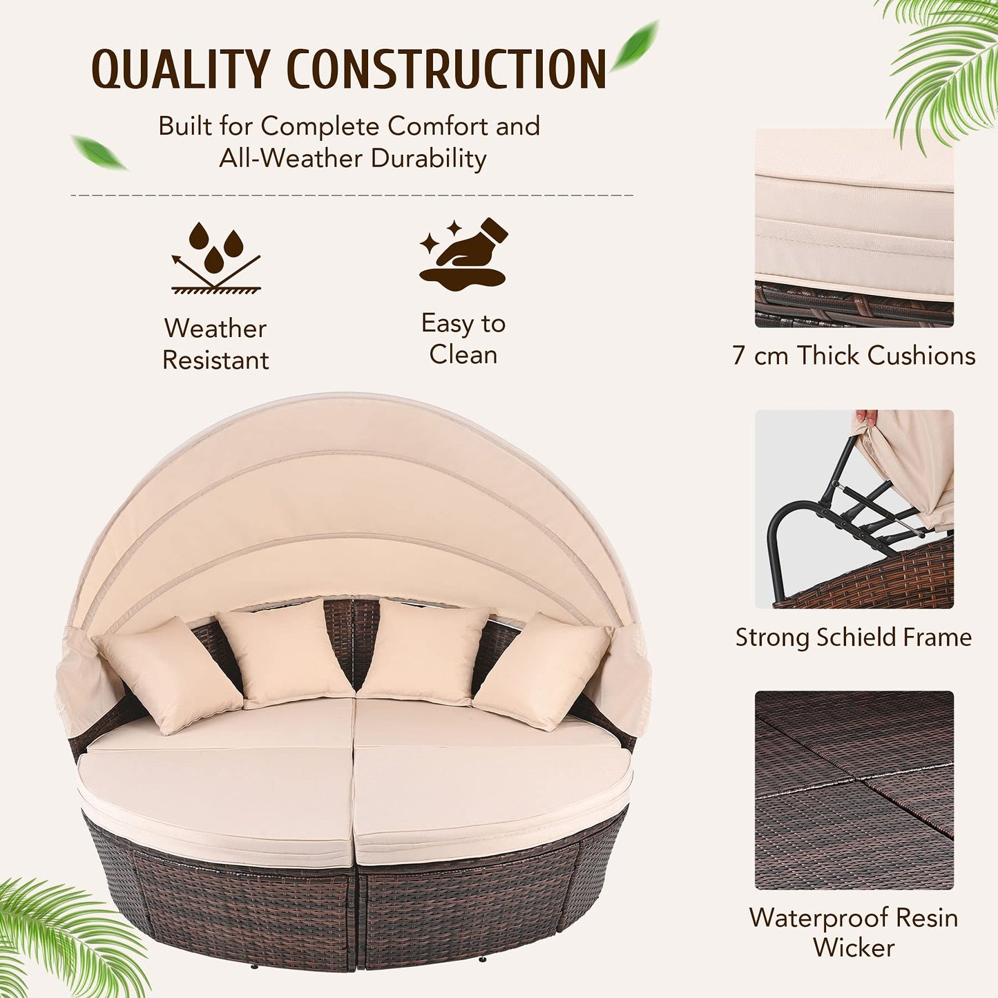VONLUCE 4 Piece Modular Wicker Garden Daybed, Outdoor Sectional Sofa Set with Rattan Daybed or 4 Chairs, Retractable Canopy and Pillows, Beige