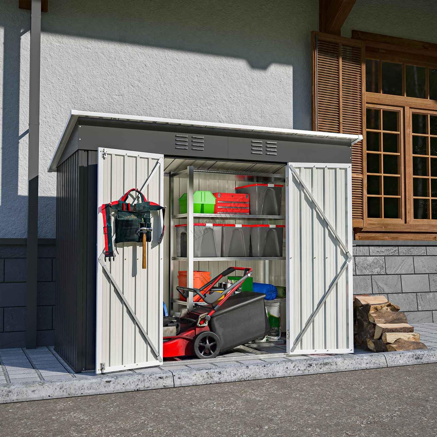 BIRCHTREE Garden Shed Metal Pent Roof 4FT X 8FT Outdoor Storage With Free Foundation Anthracite and White