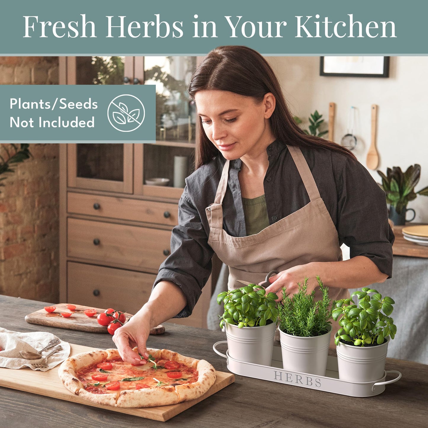 Barnyard Designs Herb Pot Planter Set with Tray for Indoor Garden or Outdoor Use, Decorative White Metal Succulent Potted Planters for Kitchen Windowsill