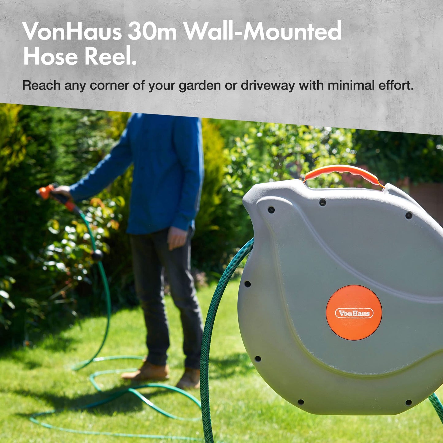 VonHaus Hose Reel 30m – Wall Mounted Hose Reel for Garden, Retractable, Auto Lock and Auto Rewind, Includes Wall Fixings and 8 Function Spray Gun, 180° Pivot Swivelling, Long Reach, Outdoor Watering