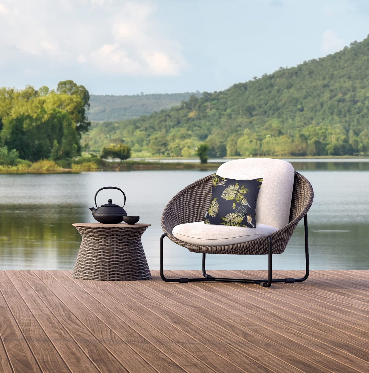 Izabela Peters Outdoor Cushions Waterproof, 43 cm, Filled Outdoor Cushion, Bird on Elderflower - Graphite, Garden Furniture Cushions, Outdoor Seat Cushions, Garden Chair Cushions