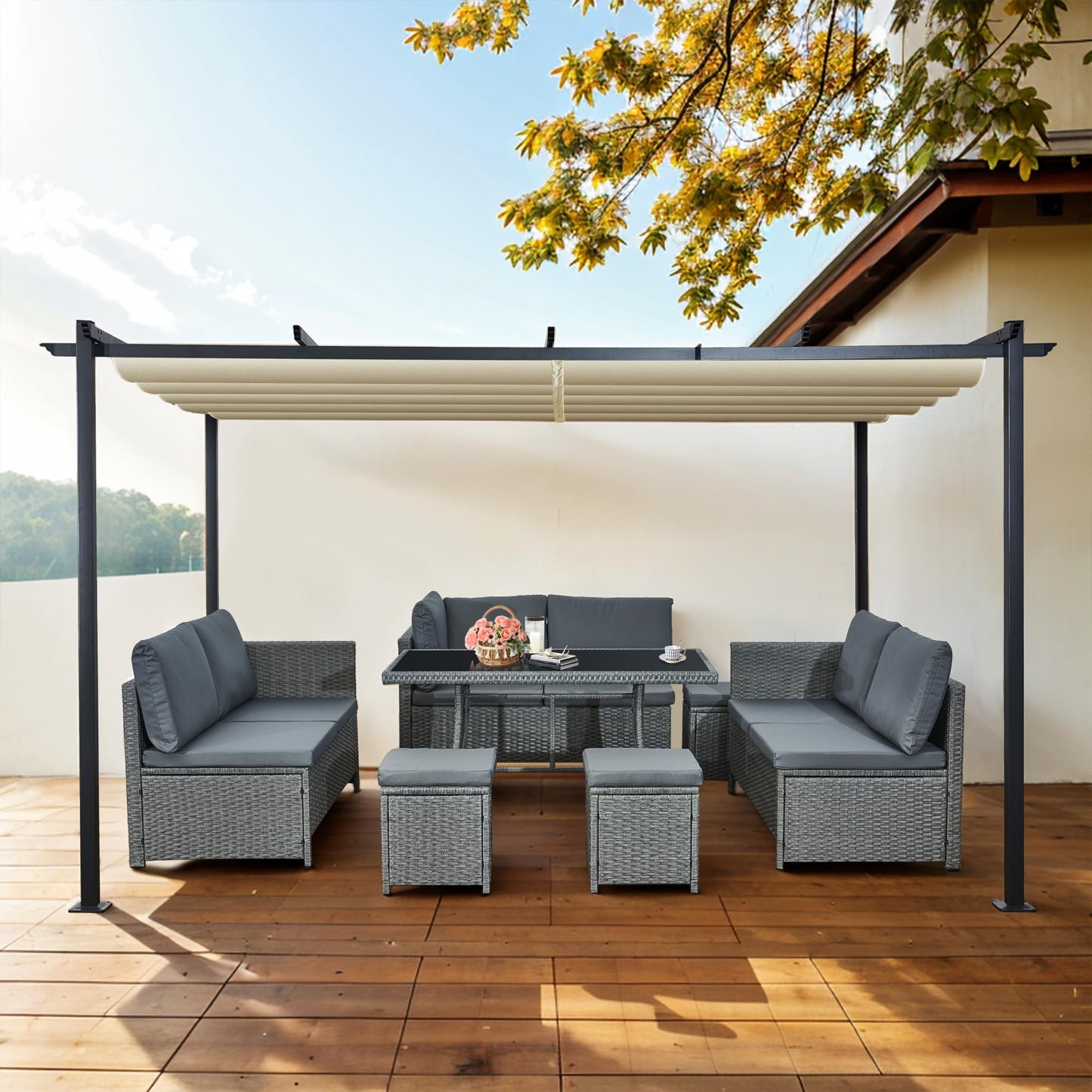 Aweather Metal Garden Pergola with Retractable Canopy, 3m x 4m, Sun Shade Gazebo (Grey)