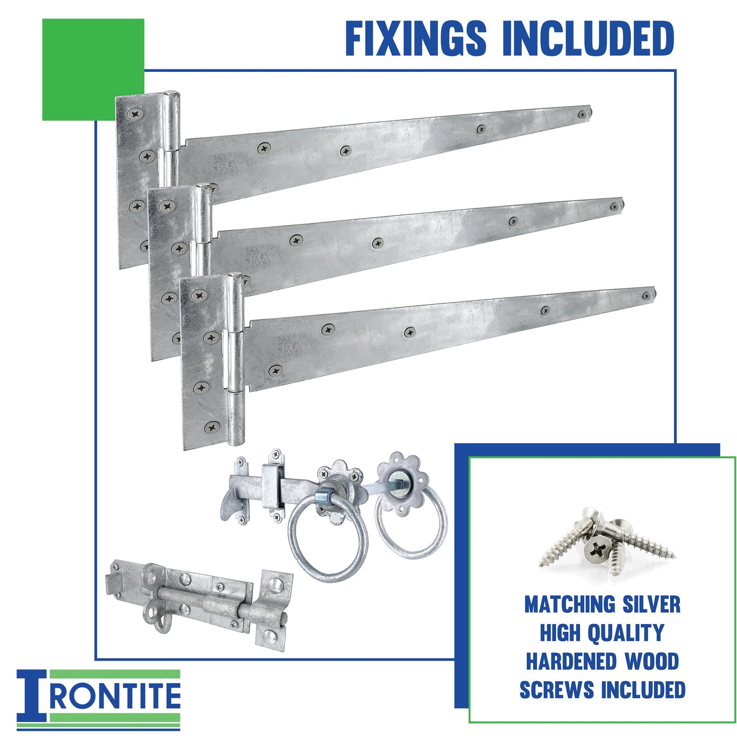 IRONTITE® Galvanised Gate Latch Kit with 450mm (18") T Hinges and Brenton Bolt. Garden Gate Kit Includes Garden Gate Hinges for Wooden Gates, Brenton Garden Gate Bolt, and Ring Gate Latch.