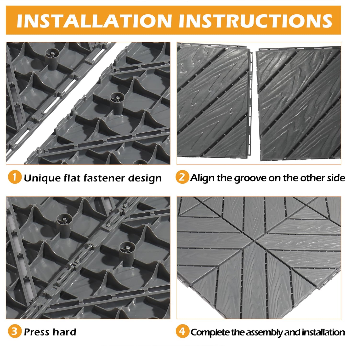 Bonnlo Composite Garden Decking Tiles, 27 Pcs Plastic Outdoor Flooring, 30x30cm Patio Paving Slabs Decking Squares Indoor & Outdoor Grey (Grey)