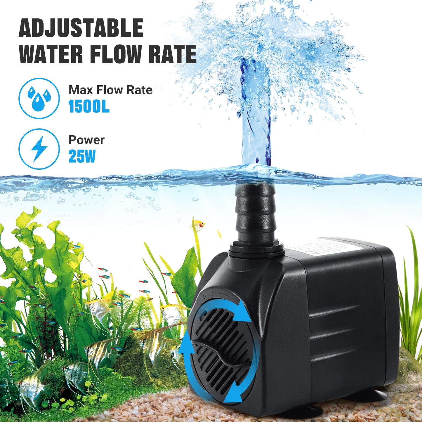 Submersible Water Pump, Ultra Quiet Water Feature Pump 1500L/H 25W Aquarium Water Pumps for Fountain Pond Aquarium Fish Tank Pump Replacement Pump with 3 Nozzles