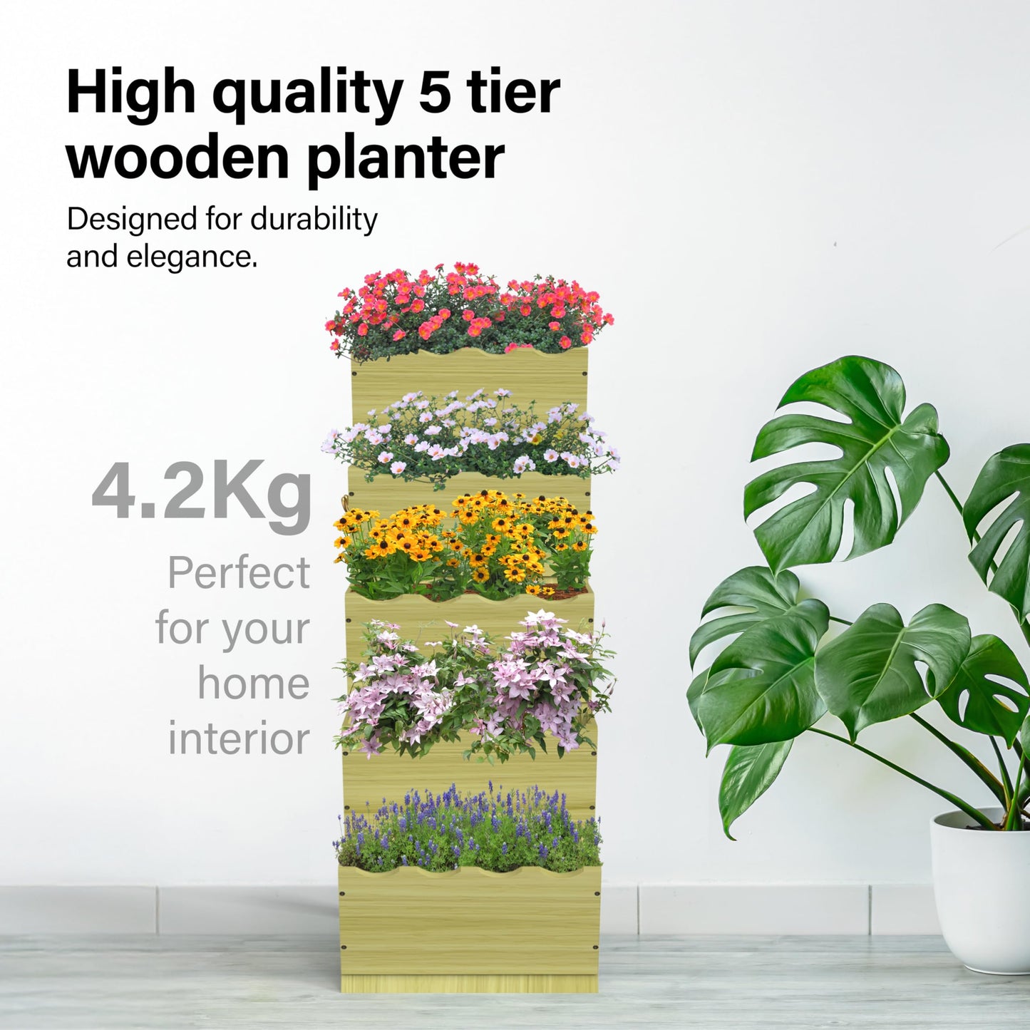 Vivo Technologies 5 Tier Wooden Planter Garden Flower Herb Planter Box Wooden Decorative Planters for Outdoor Indoor, 75cm(H) x 45cm(D) x 30cm(L)