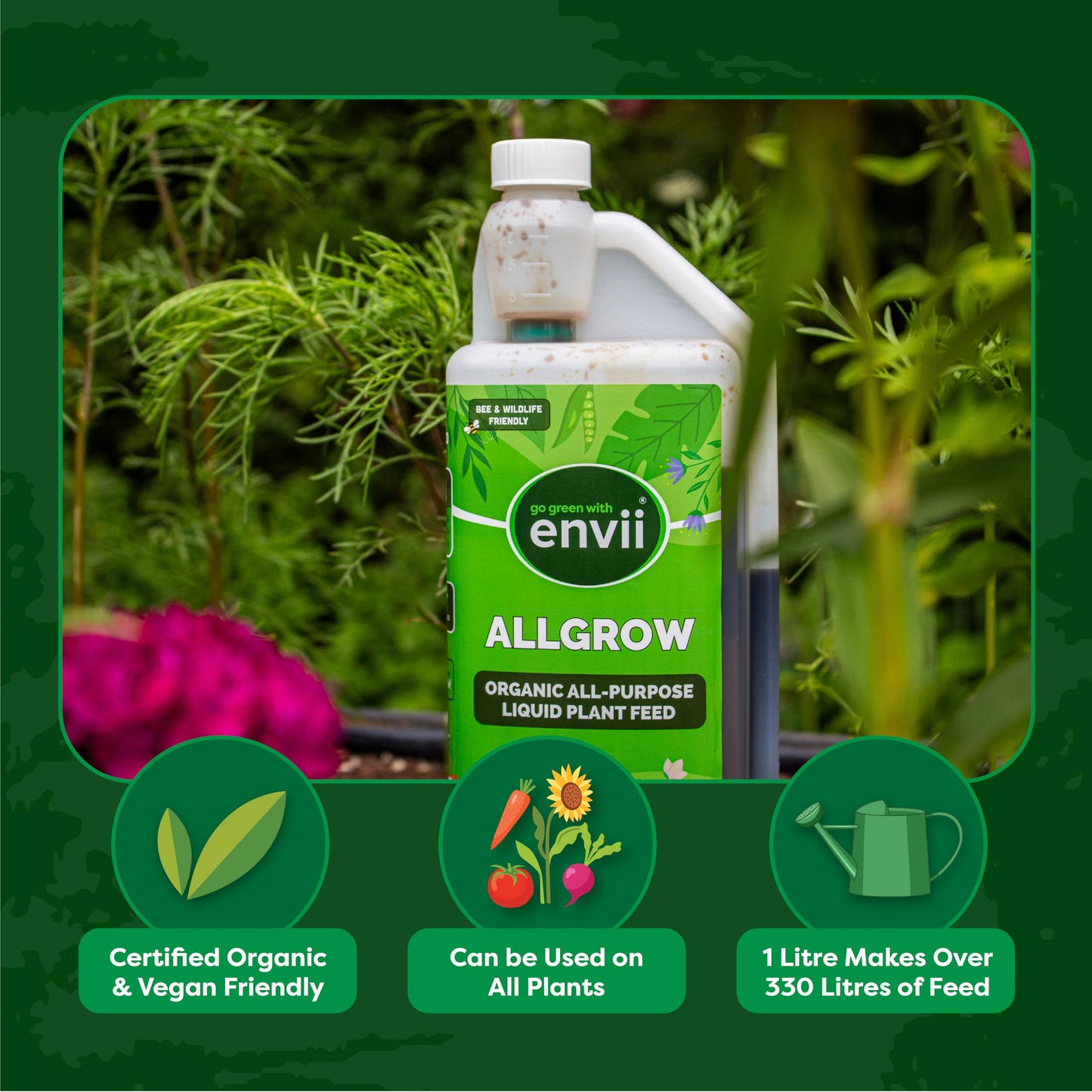 Envii Allgrow, Organic Multipurpose Fertiliser Plant Feed - Liquid Outdoor Plant Food, Suitable for All Plants - 1 Litre Makes 330 Litres
