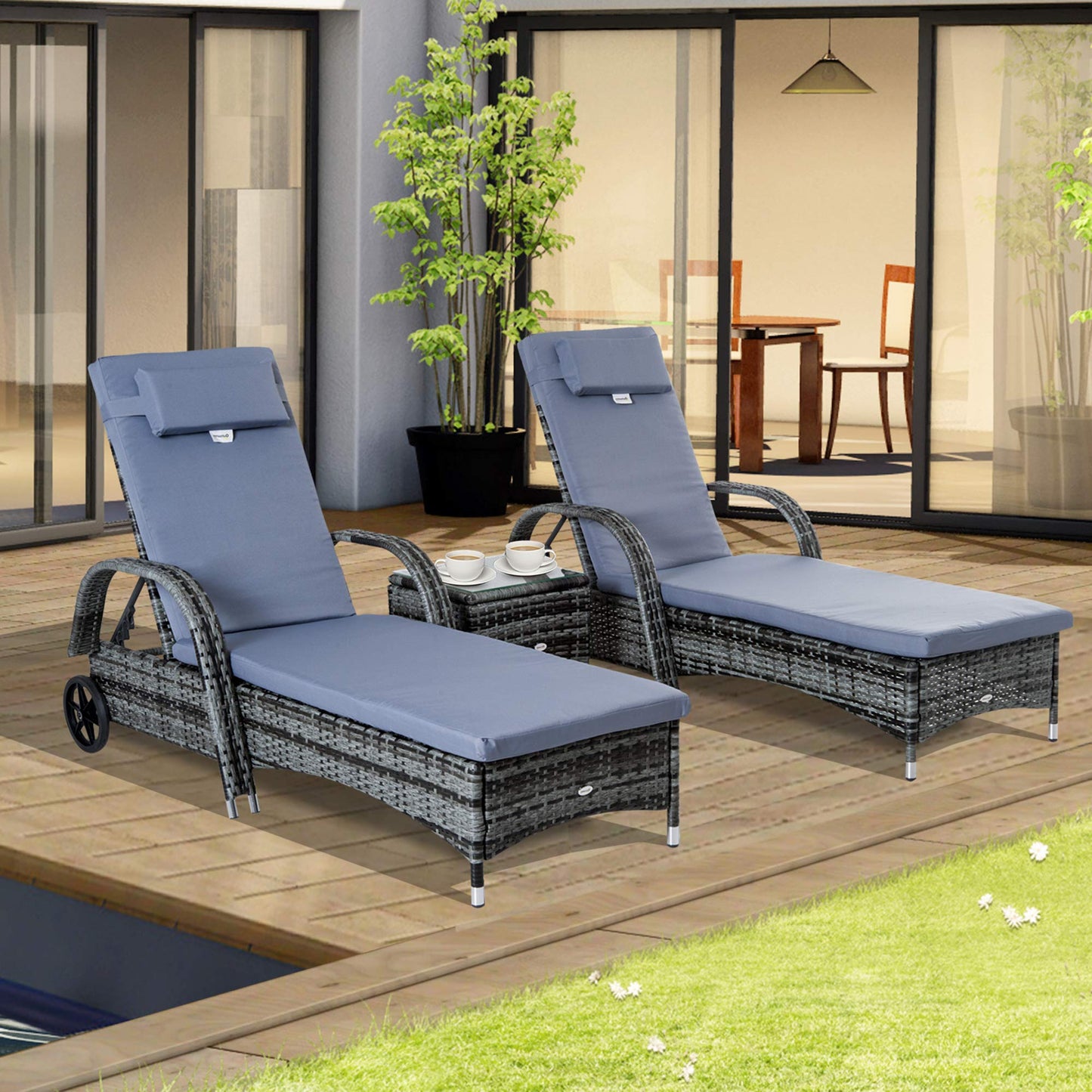 Outsunny 3 Pieces PE Rattan Patio Lounge Chair Set, Outdoor Recliner Lounge Chairs with Wheels, for Outside with Cushions, Headrest, Coffee Table for Garden, Poolside, Grey