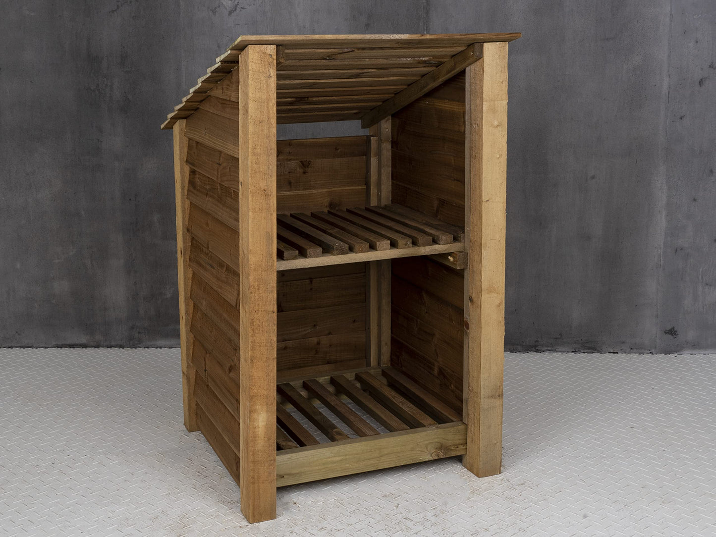 Arbor Garden Solutions wooden log store 4ft, firewood storage (W-79cm, H-126cm, D-88cm), brown finish (With kindling shelf (roof sloping back))