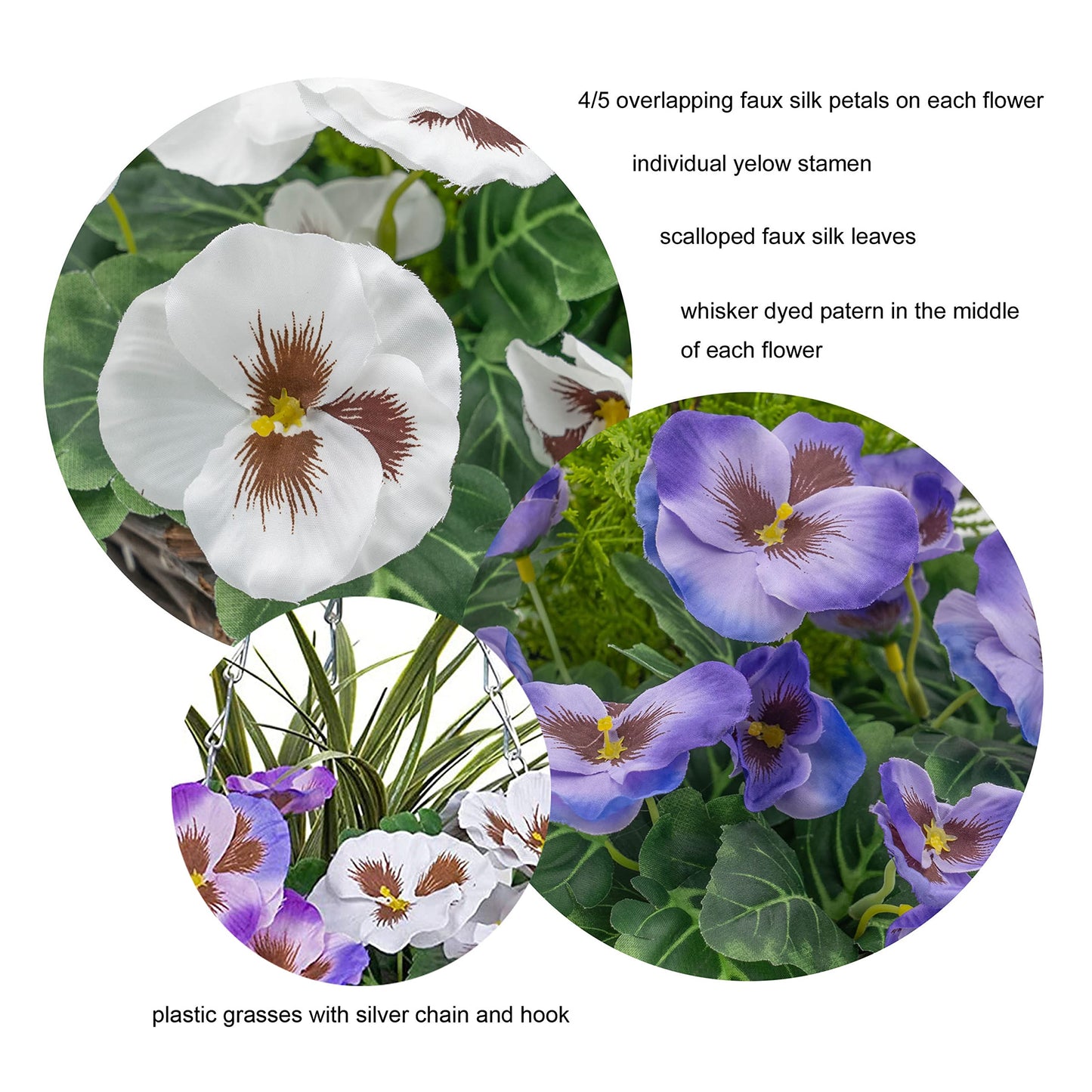 2 x Cone Shaped Hanging Baskets with Purple & White Flowers and Decorative Grasses (Set of 2)