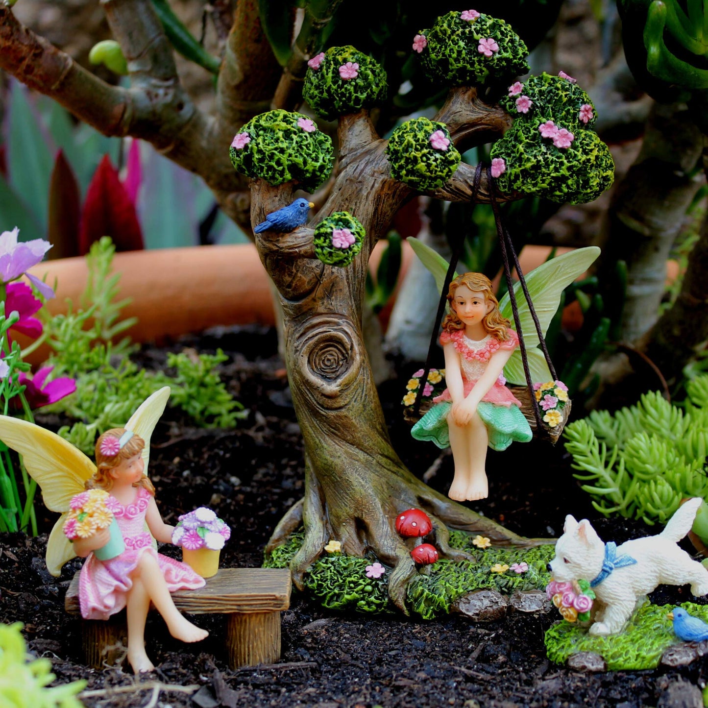 Pretmanns Fairy Garden Ornaments - Outdoor Accessories Kit, 4 Items: Fairies & Tree Swing