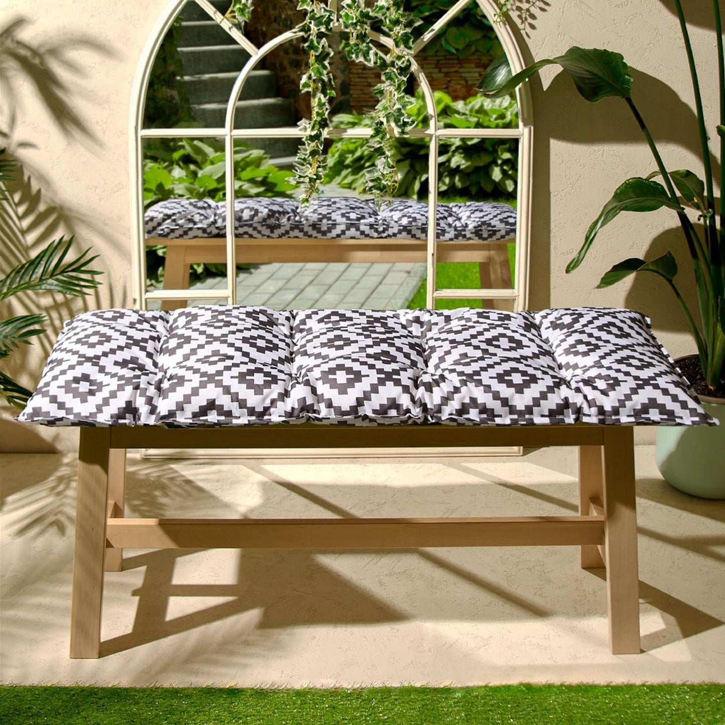 OHS Grey Garden Cushions for Bench, 2 Seater Bench Cushion Soft Outdoor Seat Pads for Garden Furniture Patios Water Resistant Comfy Bench Seat Cushion, Geometric